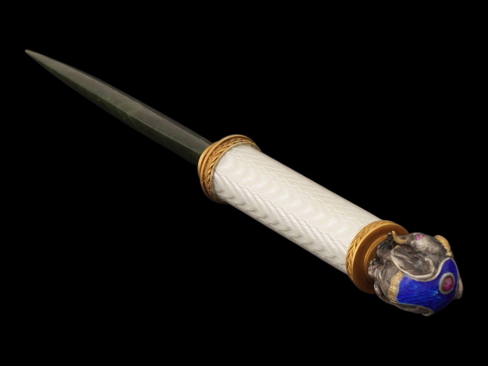 RUSSIAN SILVER ENAMEL NEPHRITE RUBY LETTER OPENER - 6