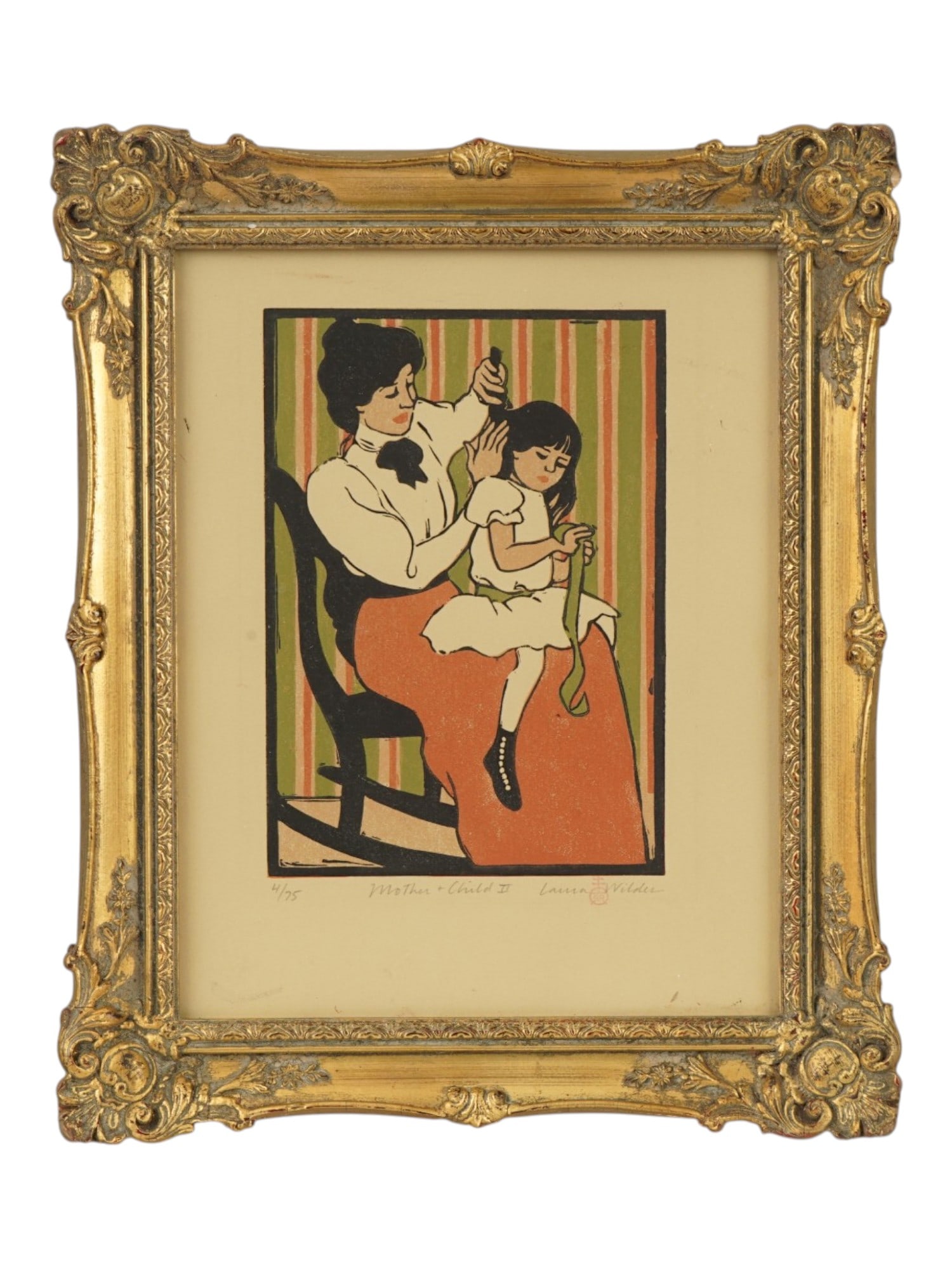 LAURA WILDER AMERICAN BLOCK PRINT MOTHER AND CHILD: Laura Wilder, American, 21st century, color block print on paper. The artwork depicts a mother brushing her daughter's hair. The pictoral manner resembles the Art Nouveau graphics and Post-Impressioni