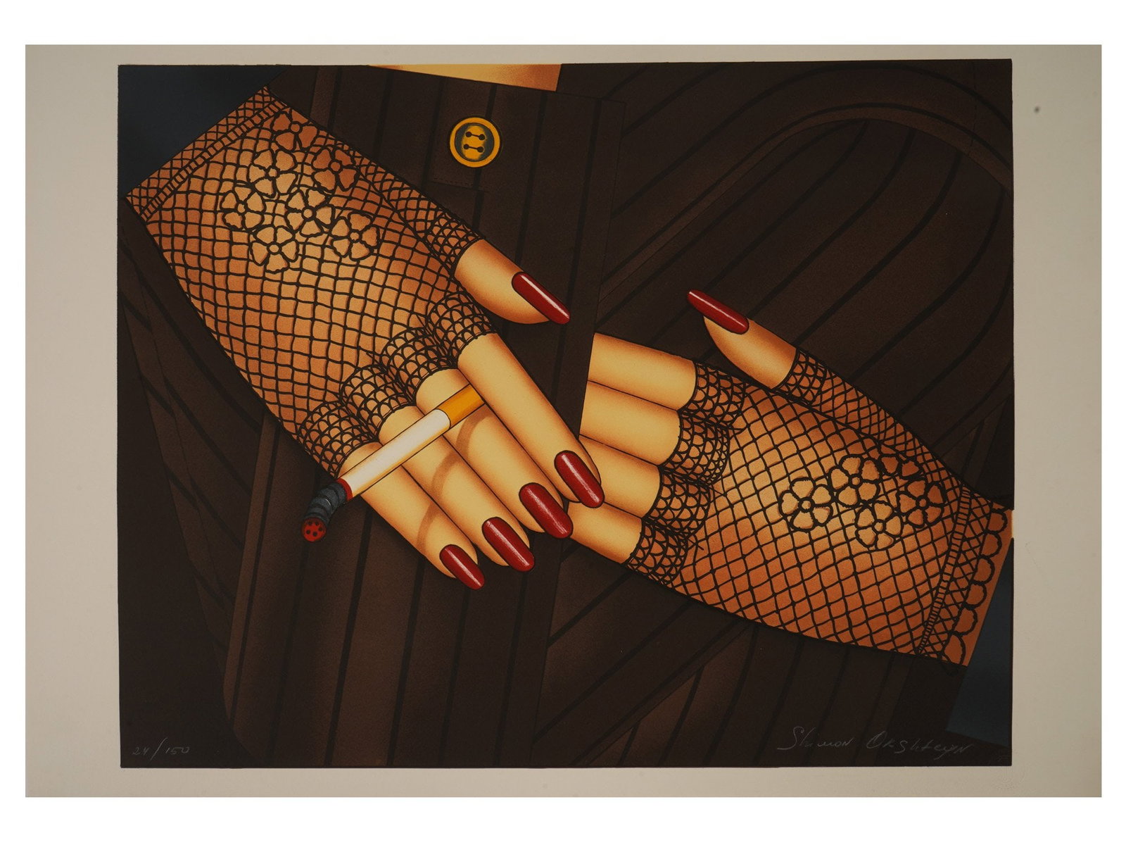 LTD FEMALE HANDS LITHOGRAPH BY SHIMON OKSHTEYN SIGNED: Shimon Okshteyn, Ukrainian, American, 1951 to 2020, a limited edition color lithograph on paper depicting a pair of stylized female hands. Hand signed and a blind stamp, lower right. Numbered in penci