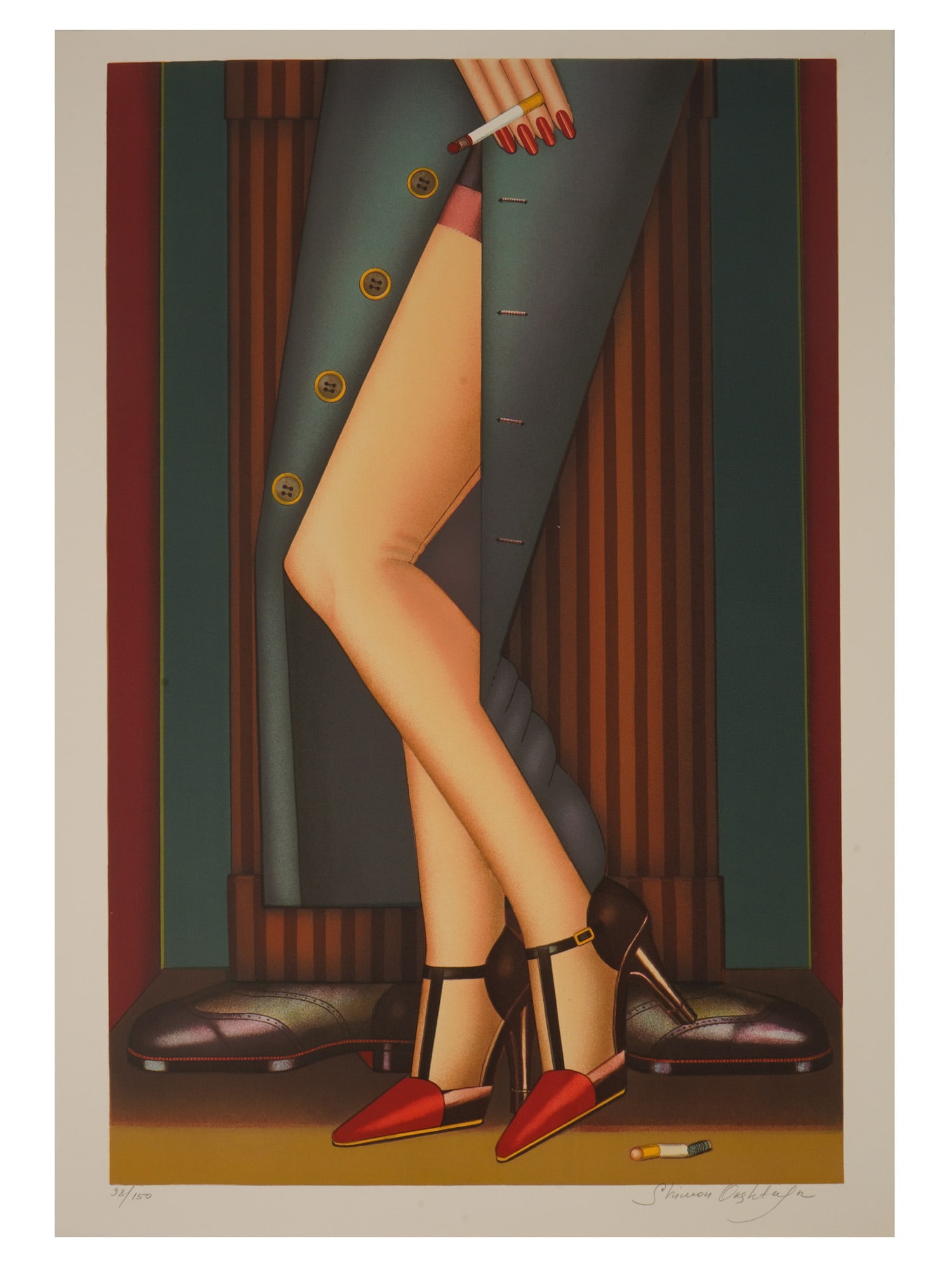 LTD FEMALE LEGS LITHOGRAPH BY SHIMON OKSHTEYN SIGNED: Shimon Okshteyn, Ukrainian, American, 1951 to 2020, a limited edition color lithograph on paper, Legs. Hand signed in pencil and a blind stamp, lower right. Numbered in pencil, 98 of 150, lower left. 