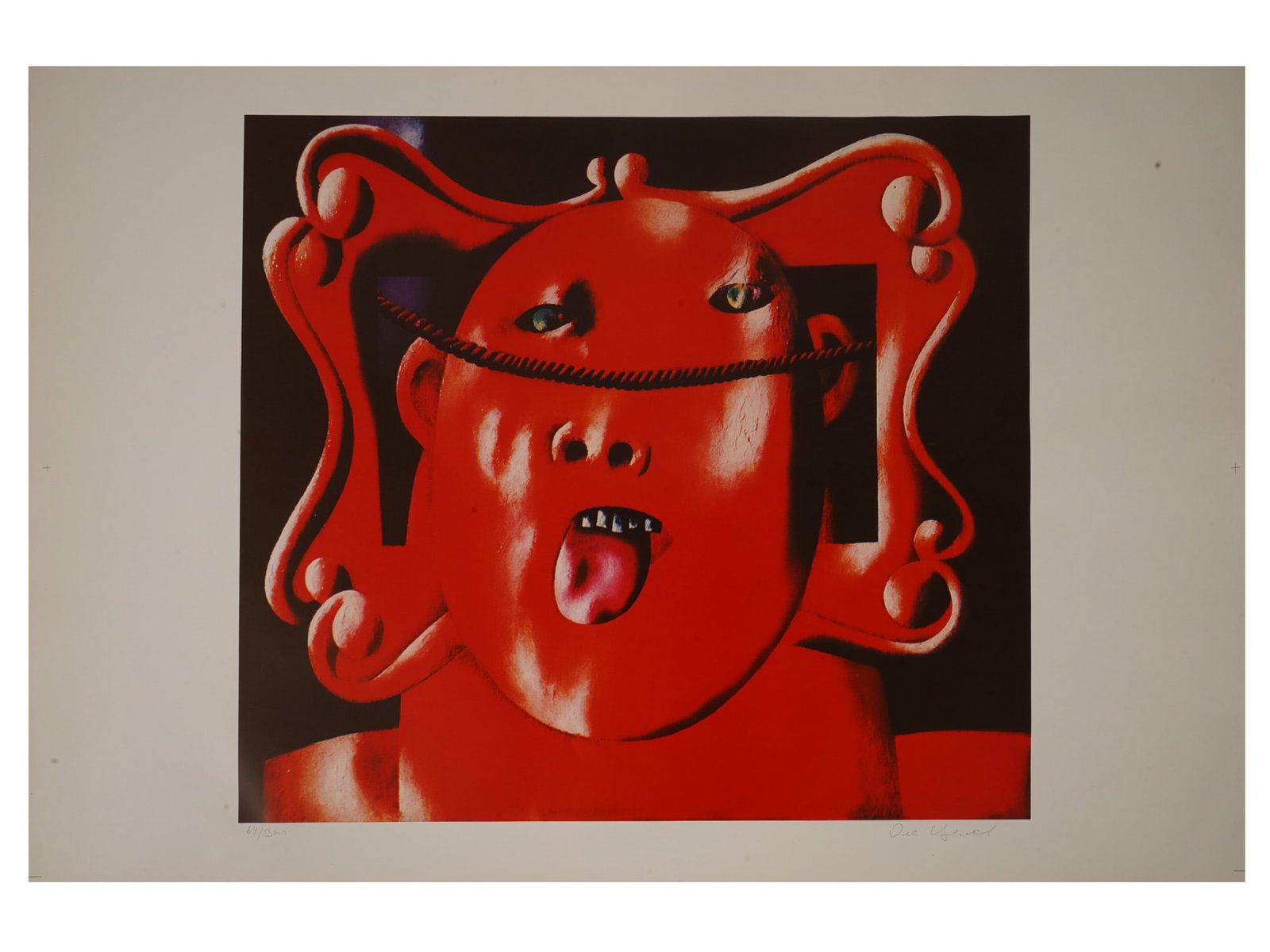 LTD RUSSIAN CIRCUS COLOR PRINT BY OLEG TSELKOV SIGNED: Oleg Tselkov, Russian, French, 1934 to 2021, a limited edition original color print on paper depicting a stylized mask like humanoid face portrait from the famous Circus series. Signed in pencil, lowe