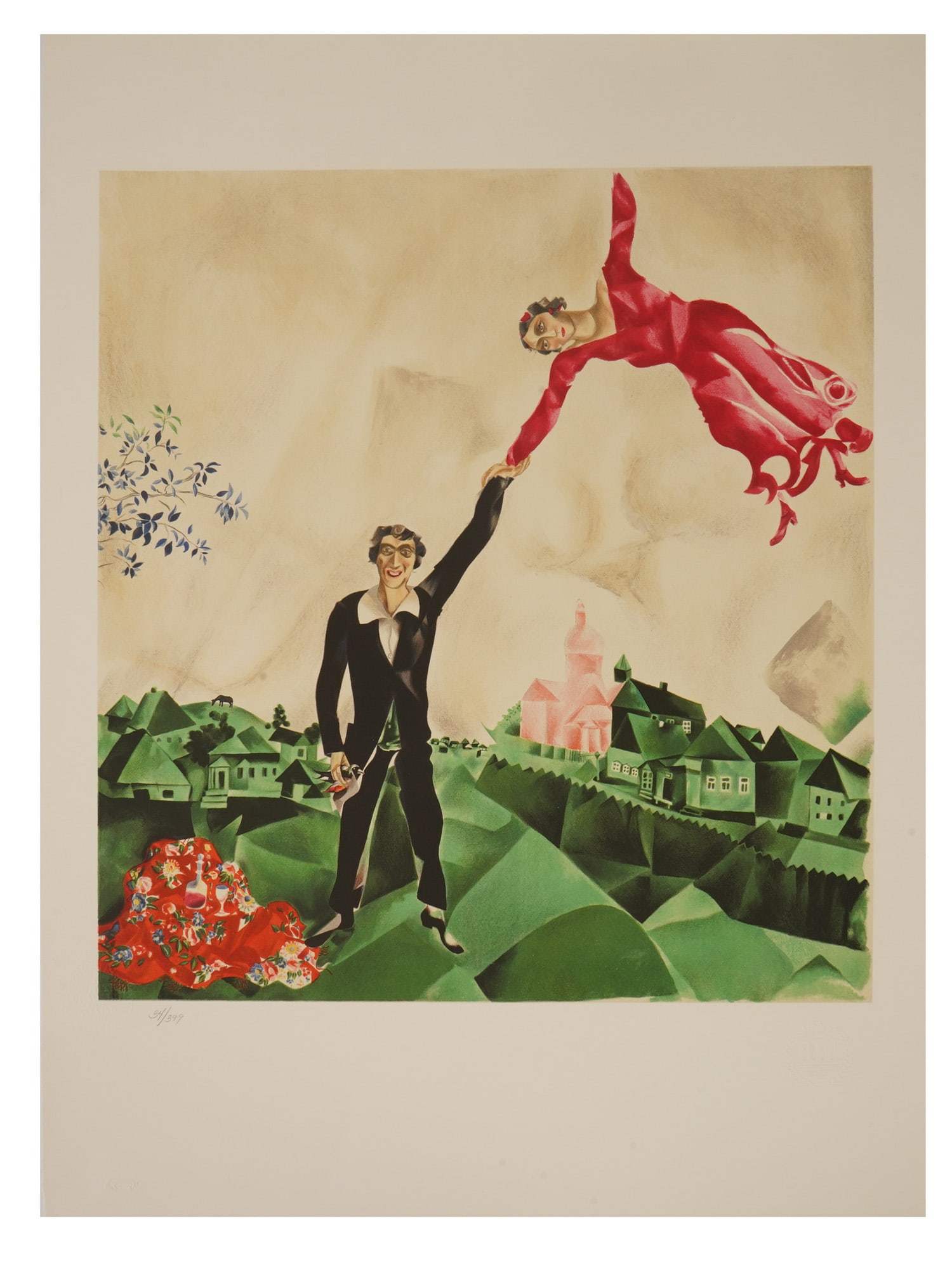 AFTER MARC CHAGALL SURREALIST COLOR LITHOGRAPH: After Marc Chagall, Russian-French, 1887 to 1985, color lithograph on paper. Official museum reproduction of the 1917 painting titled The Walk, now in the collection of the Russian Museum, Saint Peter