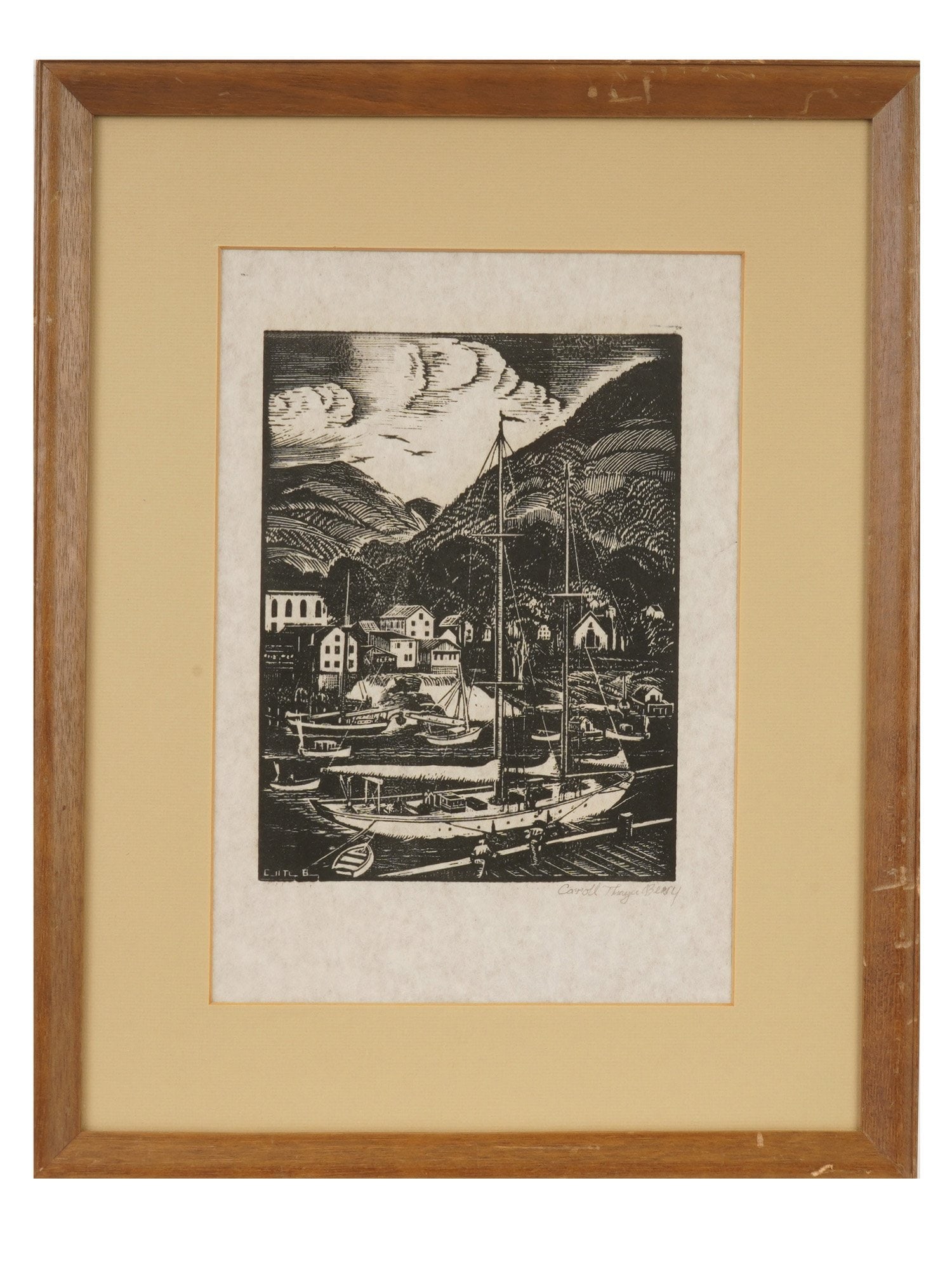 AMERICAN WOODBLOCK PRINT BY CARROLL THAYER BERRY: Carroll Thayer Berry, American, 1886 to 1978, woodblock print on paper depicting a harbour scene with ships. Signed in the print, lower right. Framed. Carroll Thayer Berry was an American artist who g