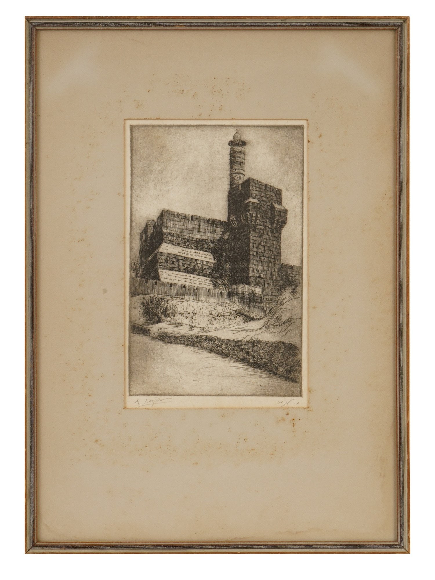 JUDAICA TOWER OF DAVID ETCHING BY MUNIA LENDER: A Judaica etching on paper depicting the Tower of David Citadel of Jerusalem. Signed Munia Lender lower left. Matted and framed. A paper note with event Information and the date 1965 is attached to th