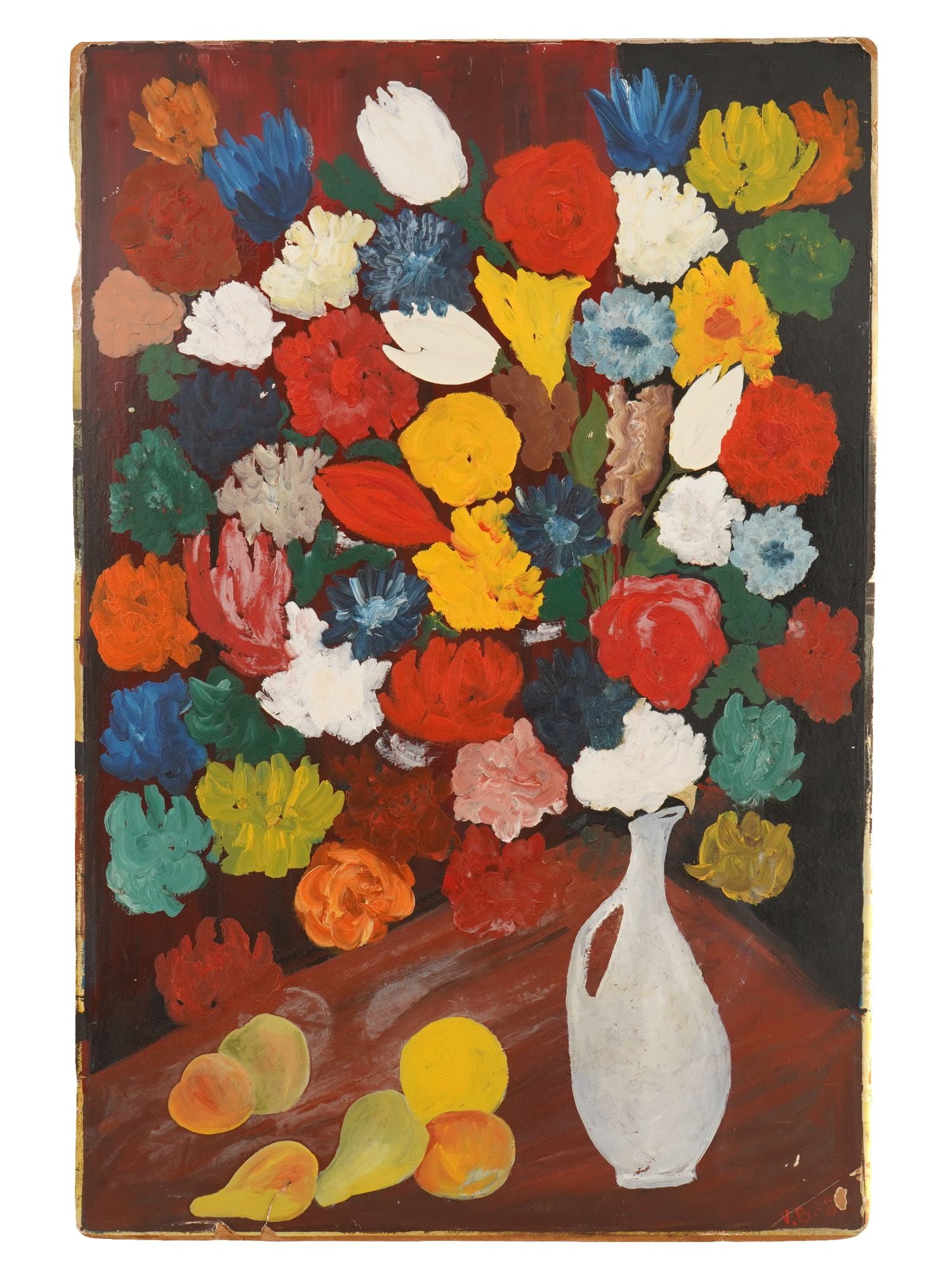 CONTEMPORARY STILL LIFE OIL PAINTING SIGNED BY ARTIST: A Contemporary oil painting on masonite board depicting a still life with flowers and fruits. Signed by the artist with initials, V.B. and dated, lower right. Modernist and Contemporary Fine Art, Stil