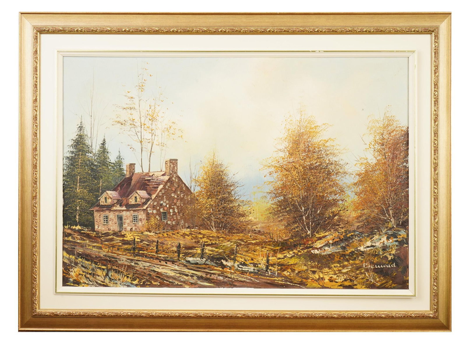 LARGE CANADIAN LANDSCAPE OIL PAINTING SIGNED BERNARD: A large oil landscape painting on canvas depicts a traditional Canadian countryside scene characterized by a stone cottage with a red-pitched roof and dormer windows. The landscape is rendered in a wa