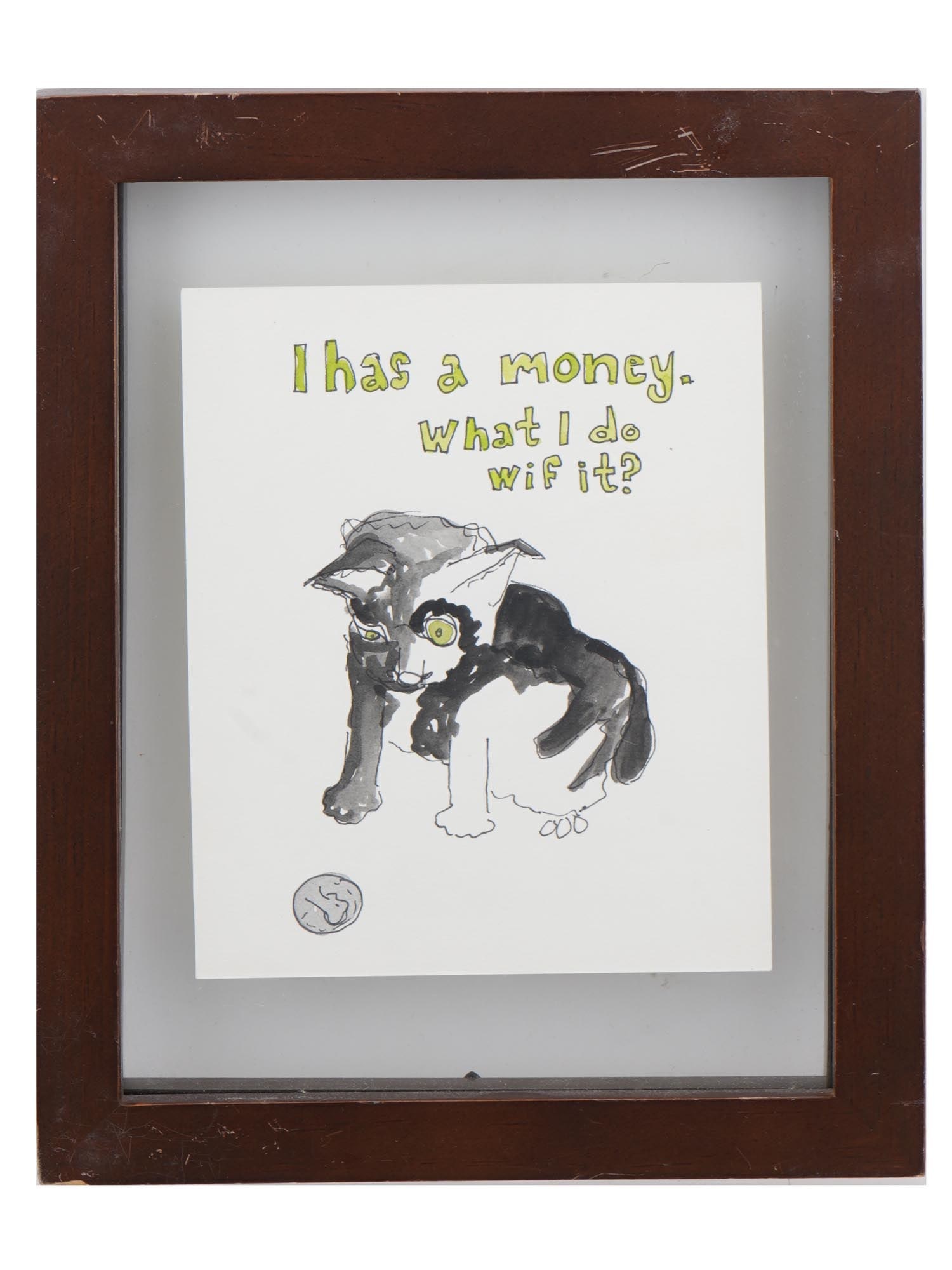 JENNIFER MILLS CONTEMPORARY MIXED MEDIA PAINTING: Felt-tip pen and ink on paper painting. American. The piece depicts a distorted cat with the inscription I has a money, what i do wif it? Naive pictorial manner. Signed by the artist on the backside, 