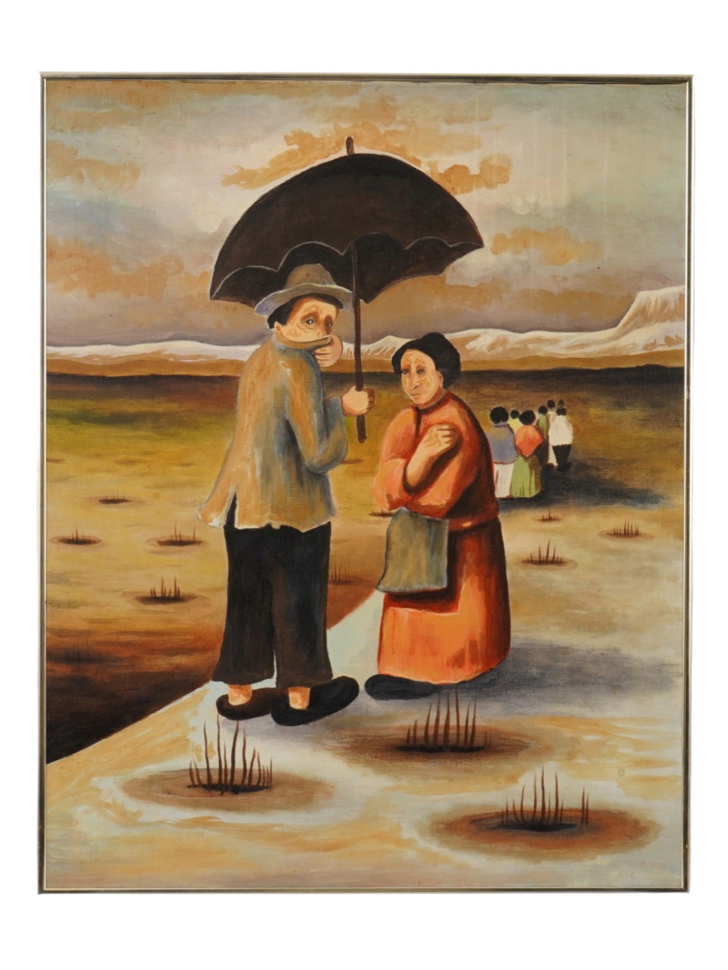 SIGNED ALTARAZ ELIE NAIVE ART OIL PAINTING 1978: A vintage naive art oil painting on canvas. The painting depicts a genre scene with a group of people moving away along the road and a couple, a man and a woman with a large black umbrella in the fore