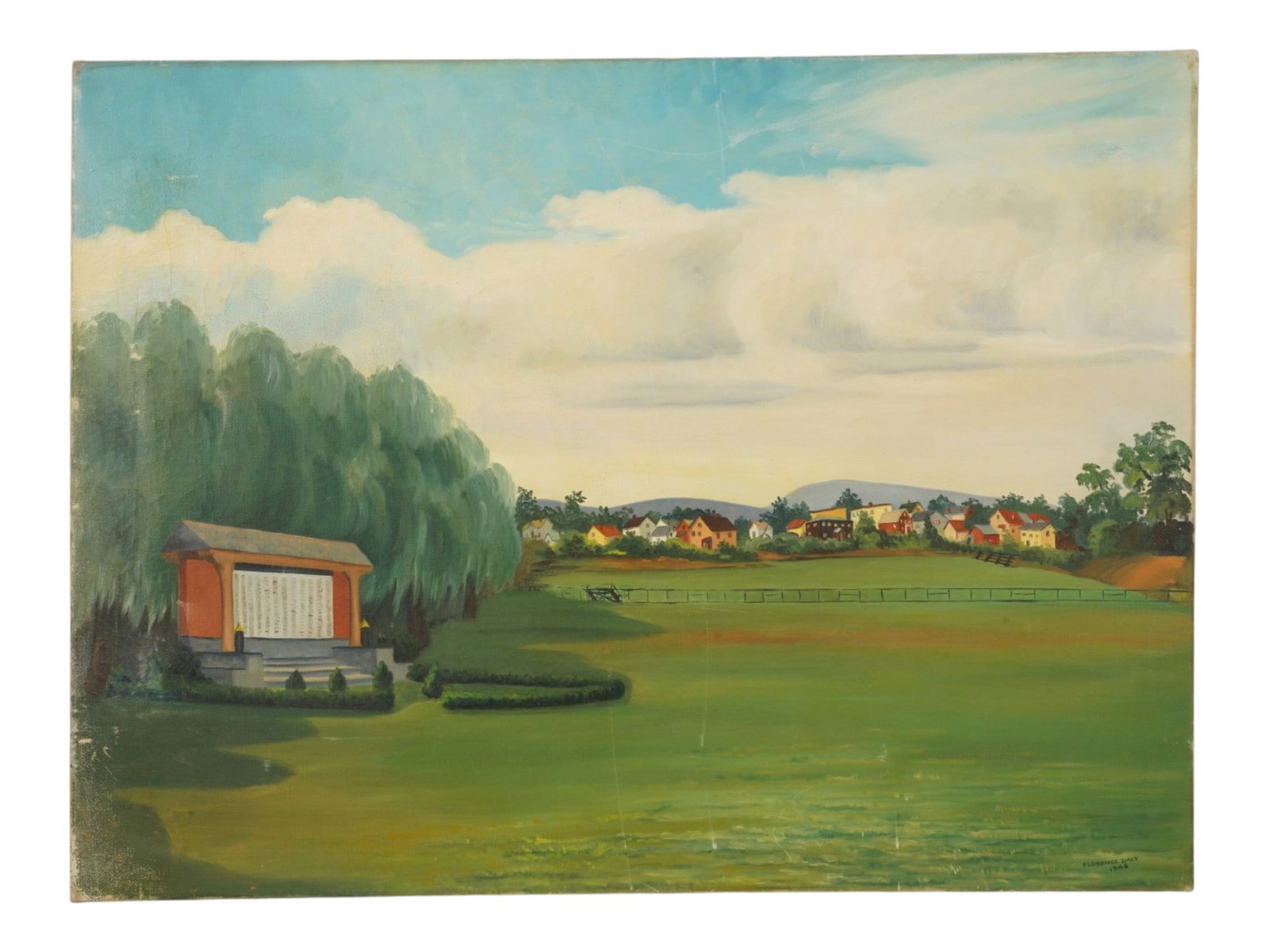 AMERICAN FOLK ART OIL PAINTING BY FLORENCE DALY: Florence Daly, American, 1907 to 2000, an oil painting on canvas depicting a rural landscape, 1946. Signed and dated, lower right. Florence Daly was a mid 20th century American artist celebrated for h