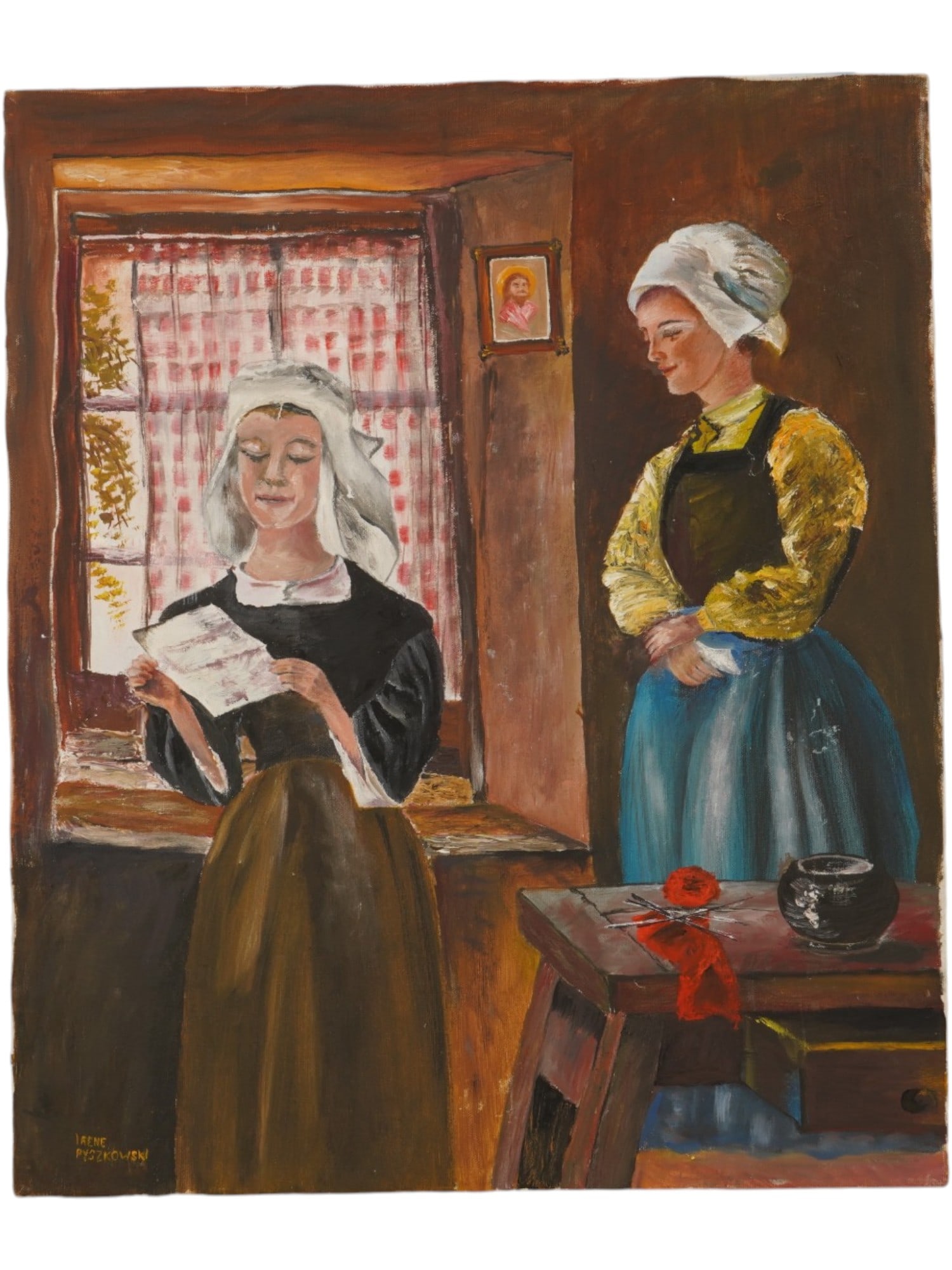 MODERN OIL PAINTING SIGNED IRENE PYSZKOWSKI: A modern oil on canvas painting signed Irene Pyszkowski lower left. The composition depicts two women in traditional dress reading a letter in a rustic interior. Presented in a frame. Contemporary Pai
