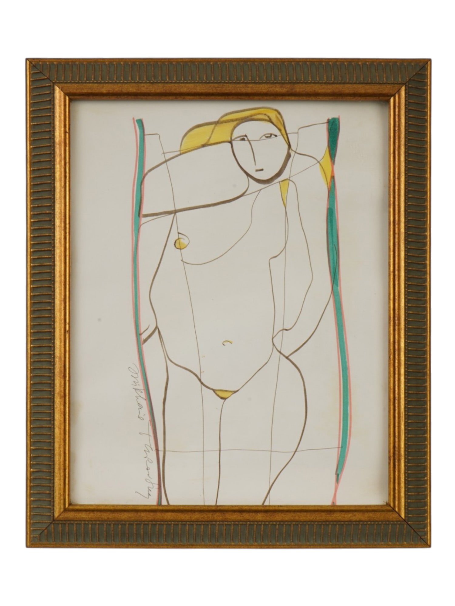 MIKHAIL TUROVSKY UKRANIAN FEMALE NUDE COLOR PRINT: Mikhail Turovksy, Ukranian, born 1933, color print on paper. The artwork depicts an abstract linear female nude. Signed lower left. Framed. Mikhail Turovsky first studied at the Art Academy in Samarka