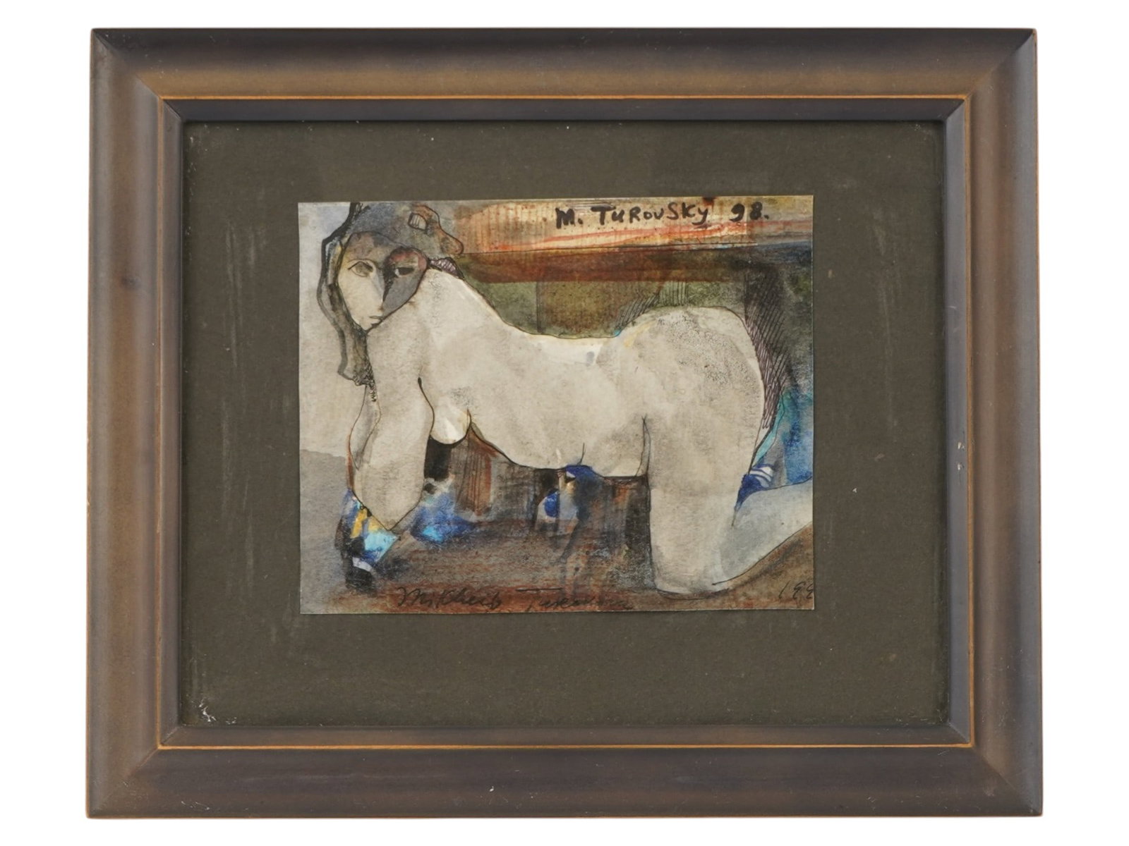 UKRAINIAN AMERICAN MIX MEDIA PAINTING BY M TUROVSKY: A miniature vintage mixed media nude painting by Ukrainian-American artist Mikhail Turovsky, 1998. The painting depicts a stylized figure of a nude woman on all fours. The composition showcases the ar
