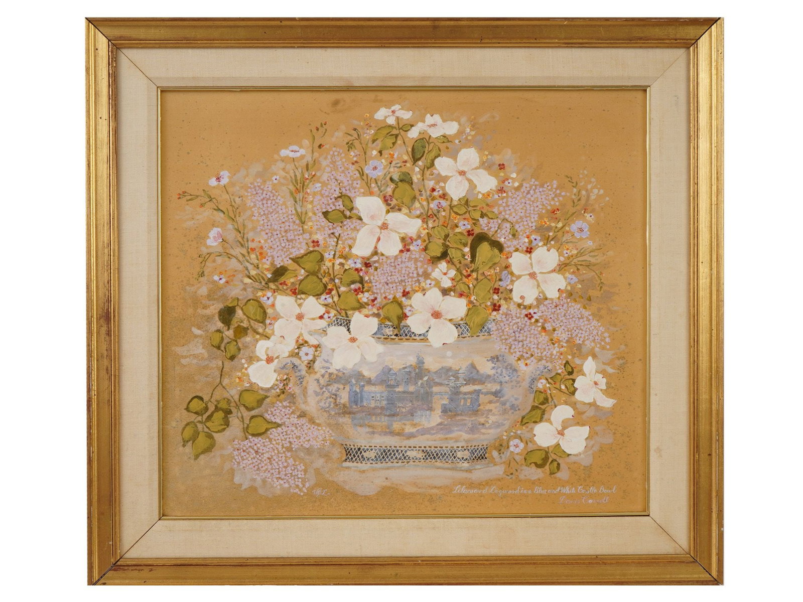 AMERICAN STILL LIFE OIL PAINTING BY DAVIS CARROLL: Davis J. Carroll, a Contemporary American artist, an oil painting on masonite board, Lilacs and Dogwood in a Blue and White Castle Bowl. Signed and titled, lower right. Framed. Davis Carroll was an Am