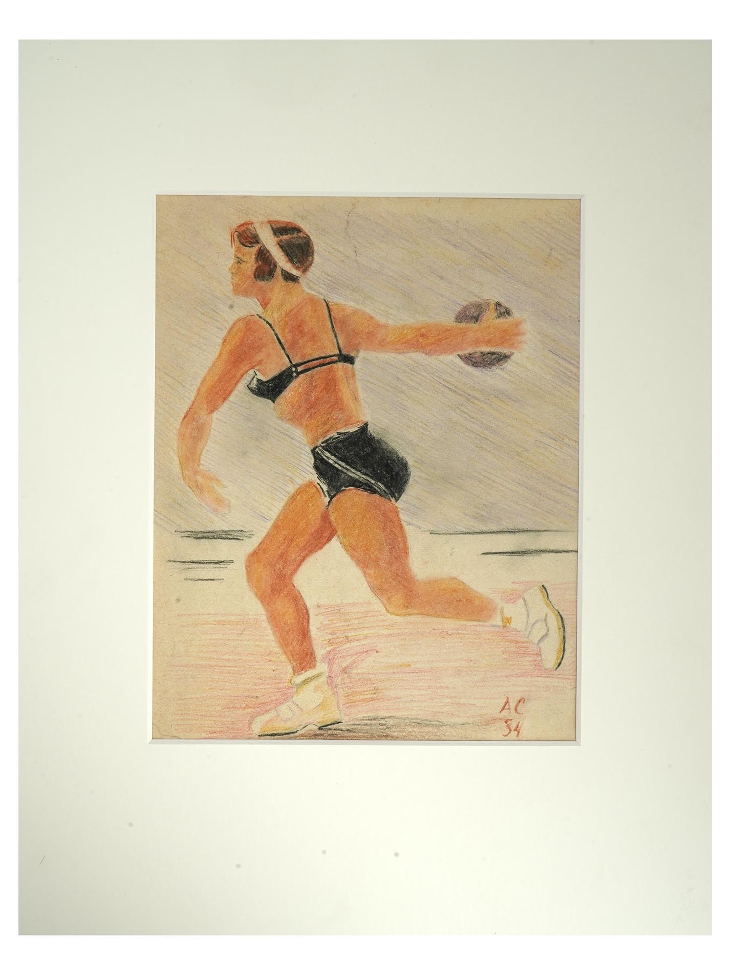ALEXANDRE SAMOKHVALOV RUSSIAN MIXED MEDIA PAINTING: Alexandre Nikolaevich Samokhvalov, Russian, Soviet era, 1894 to 1971, mixed media painting on paper depicting a sports portrait of a woman with a ball, 1934. Signed with initials and dated, lower righ