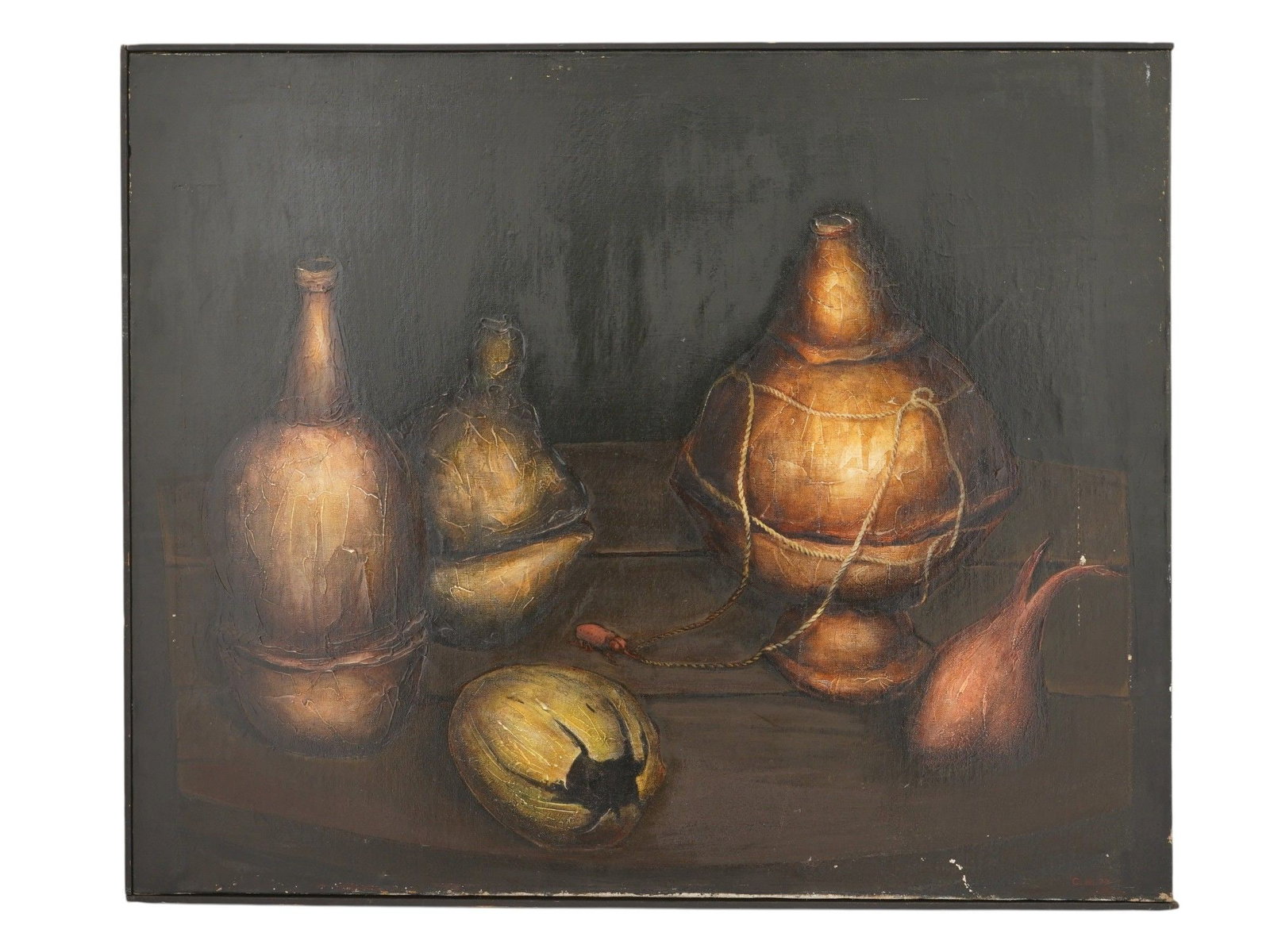 SERGEY SERGEEV RUSSIAN STILL LIFE OIL PAINTING: Sergey Sergeev, Russian, born 1953, an oil on canvas painting, titled Baklagi I, presents a somber still life composition featuring a variety of earthen vessels and organic forms. The work is characte