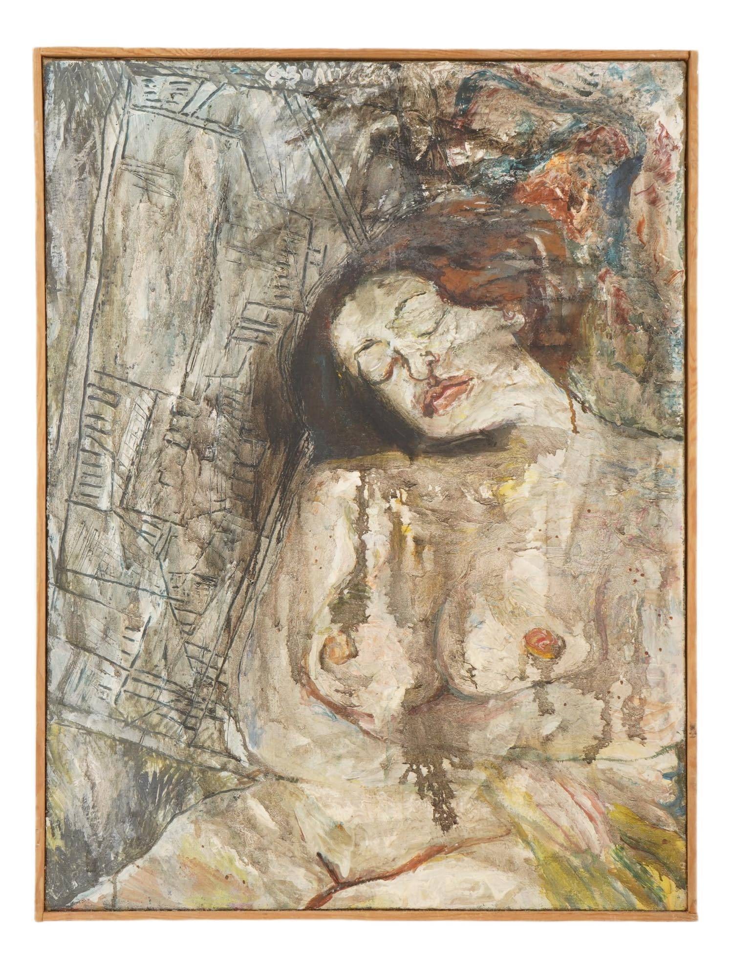 RUSSIAN PORTRAIT PAINTING OF A NUDE WOMAN: An oil painting on canvas depicting a nude woman portrait, inscribed in Russian on the verso. Framed. Provenance: Collection of Margo Grant, Director of MORA Museum of Russian Art. Still Life Painting