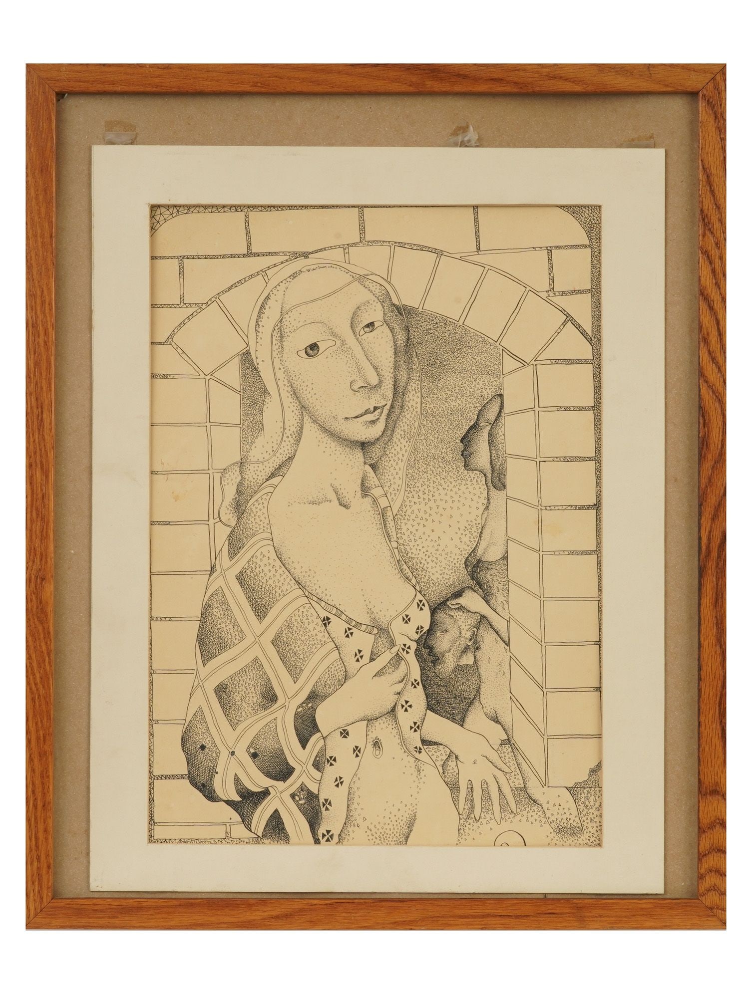 VINTAGE ALLEGORICAL GRAPHIC INK ON PAPER PAINTING: A vintage allegorical graphic drawing in ink on paper. Circa mid to late 20th century. Matted and framed. Unsigned. The artwork depicts a stylized female figure set against a linear, architectural bac