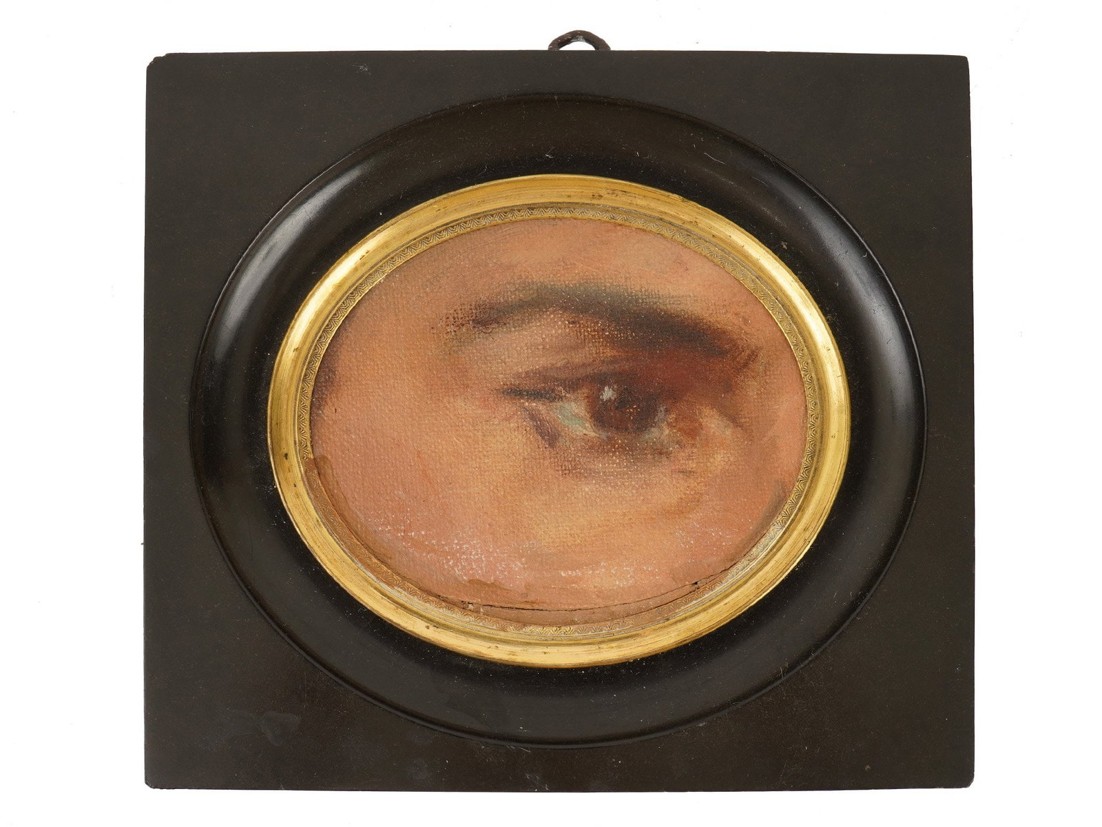 VINTAGE LOVERS EYE OIL PAINTING FRAMED: Oil painting on masonite. The artwork represents a fragment of a male face with focus on the right eye. Dated late 20th century. Unsigned. Framed. Eye miniatures, also known as lovers eyes, became ext