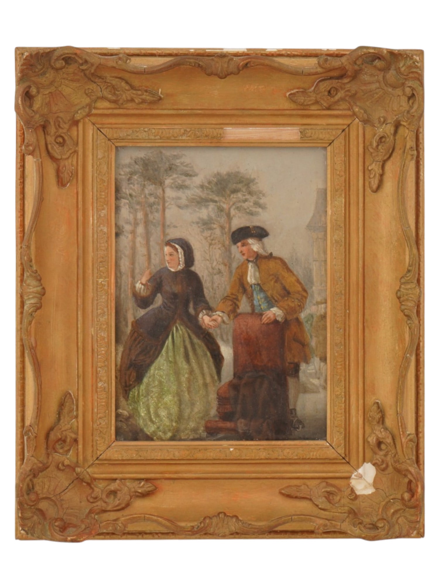 ENGLISH GALLANT SCENE OIL PAINTING SIGNED BY HAMILTON: An English oil painting on wood board depicting a gallant scene with a couple. Signed by the artist, C. Hamilton, lower right. Framed. Additionally inscribed, Purchased from Larry Allee Cincinnati, on