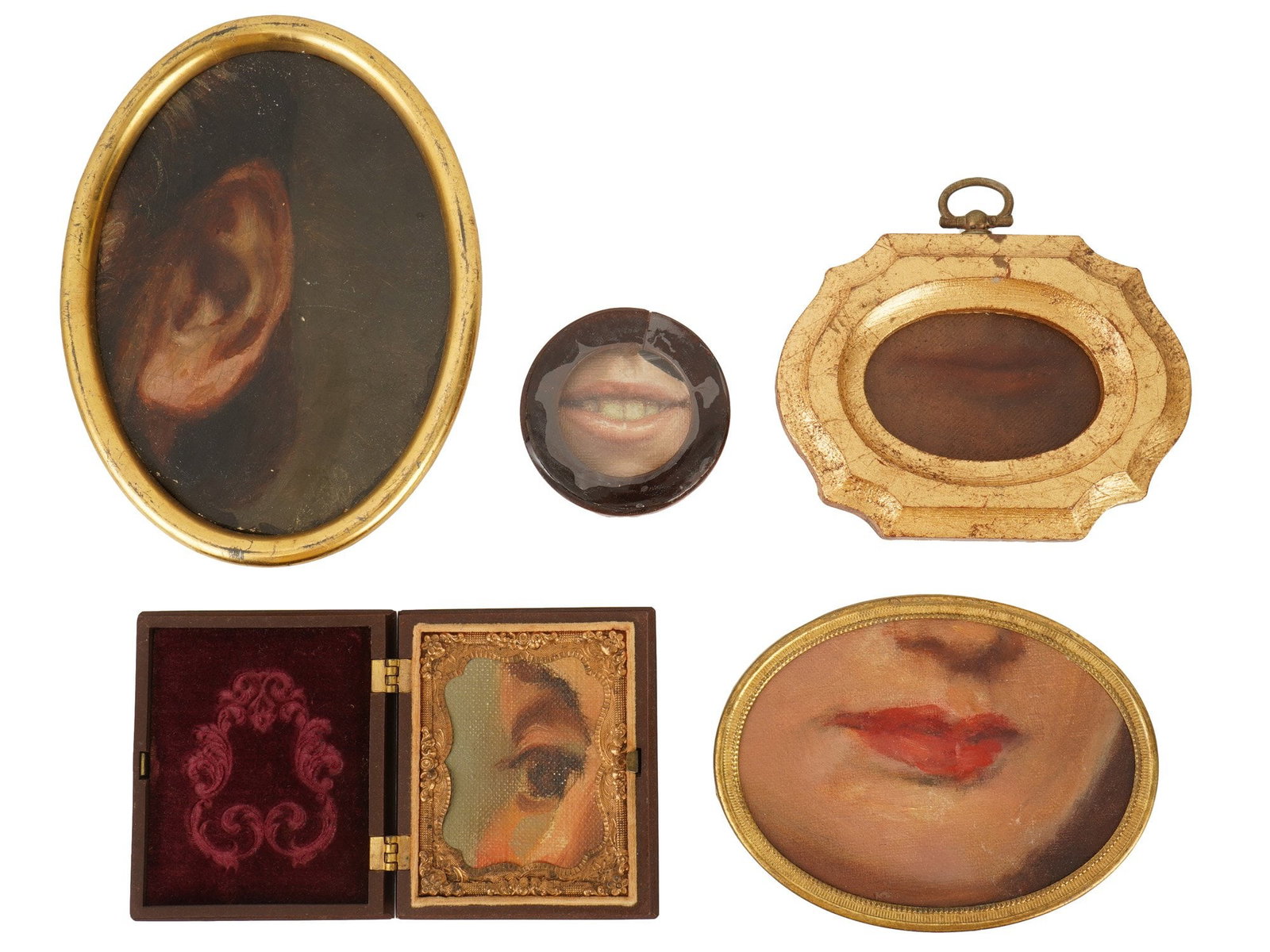 COLLECTION OF SIX LOVERS EYE OIL MINIATURE PAINTINGS: A collection of five European School oil miniature paintings on canvas depicting Lovers Eye, Lips, Ear and frames. This genre of intimate portraiture was popular from the late 18th to the early 19th c