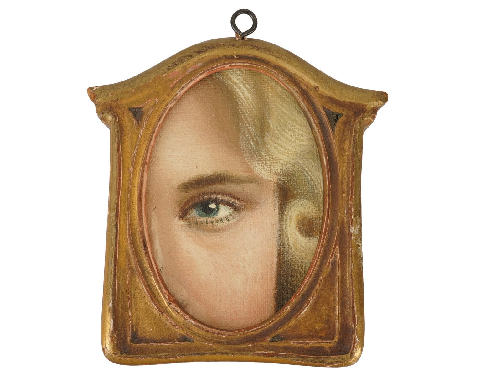 MID CENTURY LOVERS EYE MINIATURE PORTRAIT PAINTING: A mid-century Lovers Eye miniature portrait oil painting on canvas. The composition depicts a finely rendered blue-green eye framed by soft blonde hair, presented in a molded giltwood frame inspired b