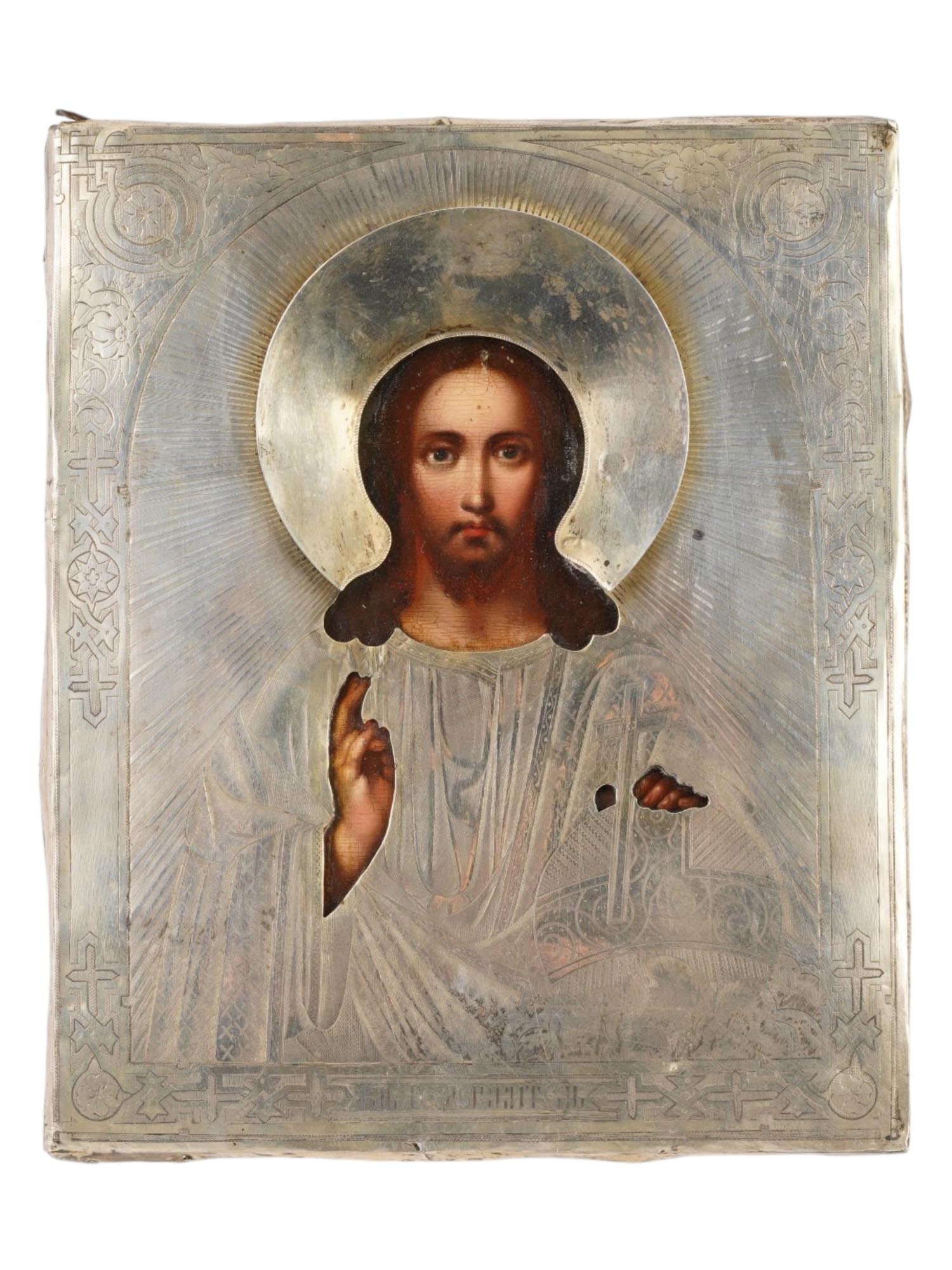 ANTIQUE 19TH C RUSSIAN ICON LORD ALMIGHTY IN SILVER RIZA (1 of 6)