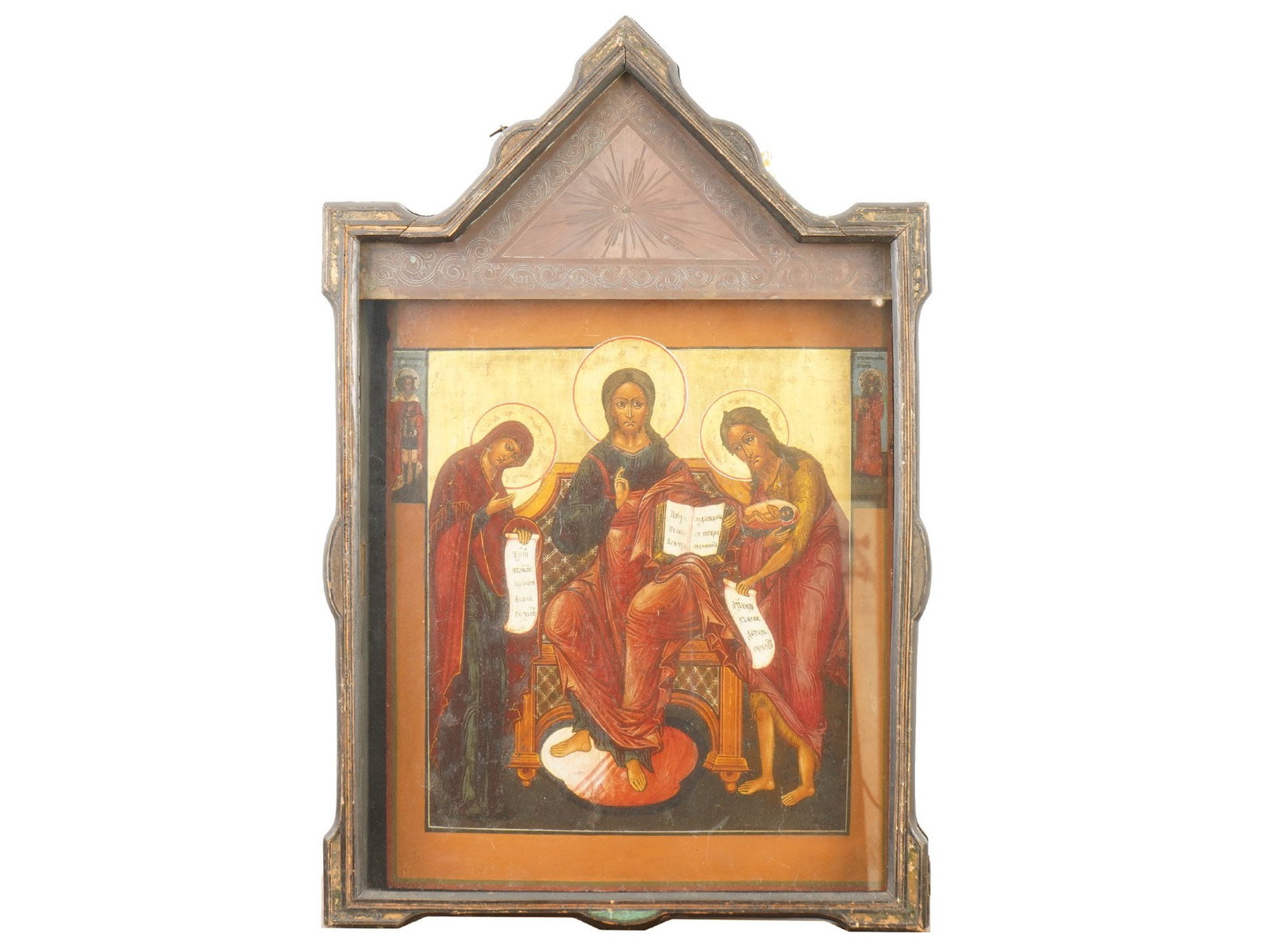 ANTIQUE 19TH C RUSSIAN ORTHODOX DEESIS ICON IN KIOT: An antique 19th-century Russian Orthodox icon depicts a central Deesis composition, featuring Christ Enthroned flanked by the Virgin Mary and Saint John the Baptist in intercession. Rendered in egg te