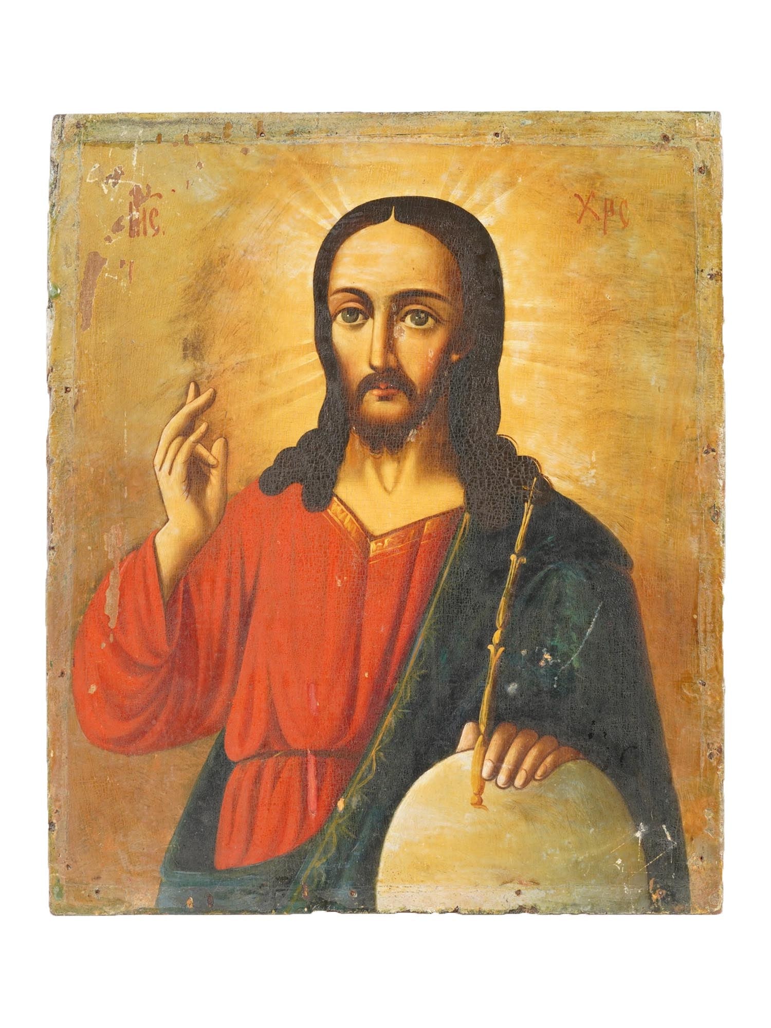 19TH CENTURY RUSSIAN ICON OF CHRIST PANTOCRATOR: An antique Russian Orthodox hand painted icon of Christ Pantocrator, the Lord Almighty, or Savior Jesus Christ. Mixed media painting: egg tempera, gesso, and levkas on a wood board. Circa: late 19th c