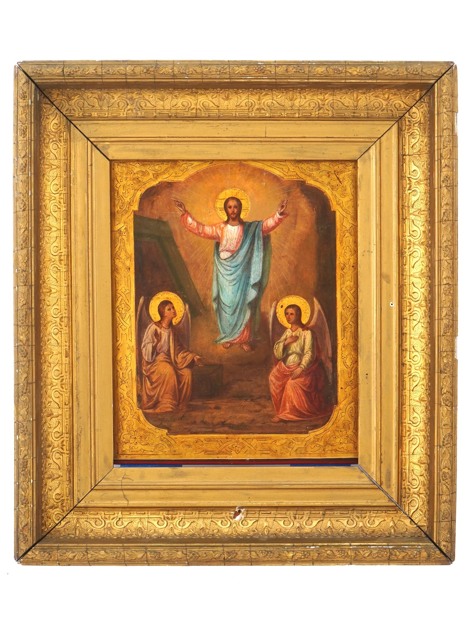 ANTIQUE RUSSIAN ORTHODOX RESURRECTION ICON FRAMED: An antique Russian Orthodox hand-painted icon of the Resurrection. This icon, depicting Jesus Christ at the center surrounded by angels, holds deep spiritual meaning and symbolism for believers. Execu