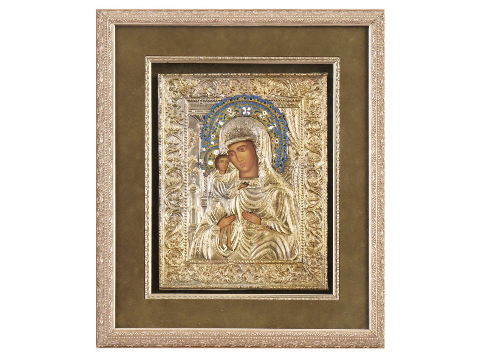 RUSSIAN ENAMEL MOTHER OF GOD ICON WITH RIZA INCL COA: A Russian Orthodox icon depicts the Mother of God with the Christ Child, featuring a repousse and chased metal riza. Hand painted in egg tempera on a gessoed wood panel. The central figure is adorned 