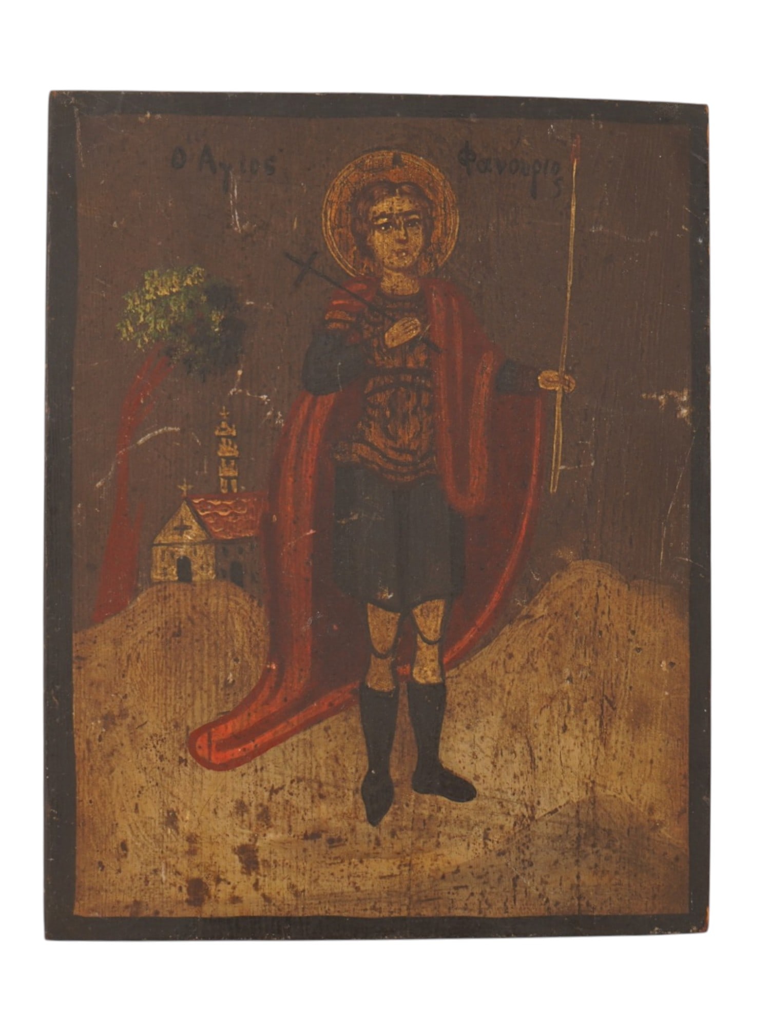 GREEK ORTHODOX ICON OF HOLY PHANOURIOS OF RHODES: An antique Greek Orthodox icon of Holy Great Martyr Phanourios of Rhodes. Mixed media painting: egg tempera, gesso, and levkas on a wood board with gilding. The saint is depicted as a young, beardless