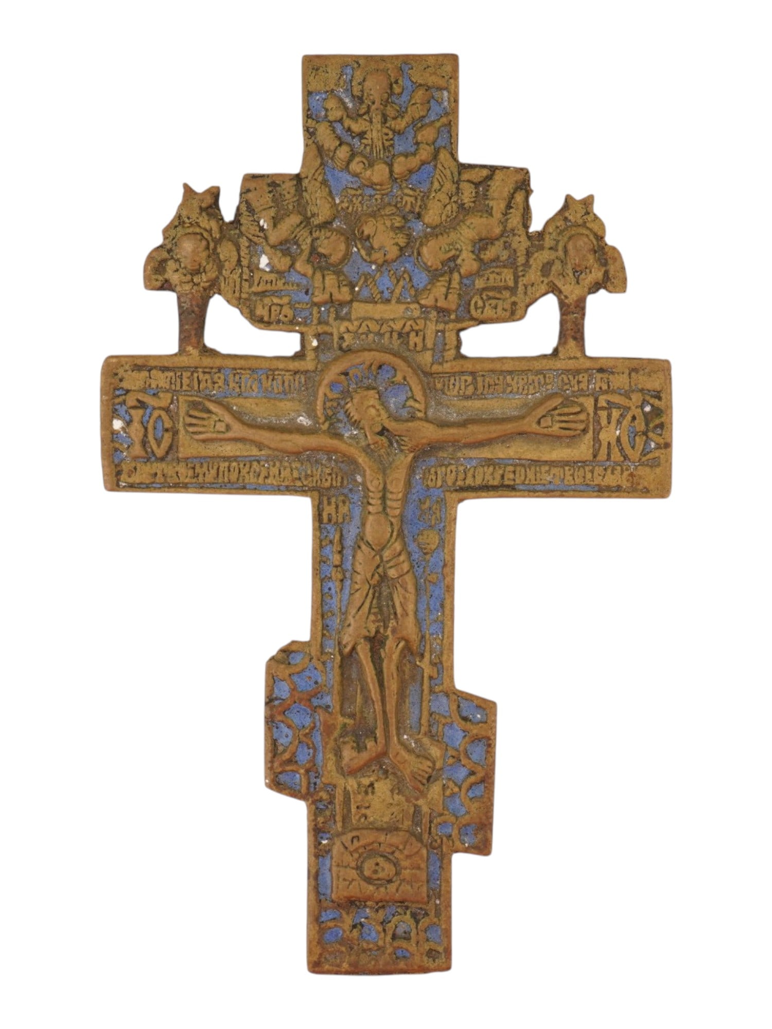 ANTIQUE RUSSIAN ORTHODOX CAST BRONZE ENAMEL CROSS: An antique Russian Orthodox cast bronze cross with detailed relief work and embellished with a blue enamel. The central area represents the crucifixion of Jesus Christ, there are the sun and the moon 