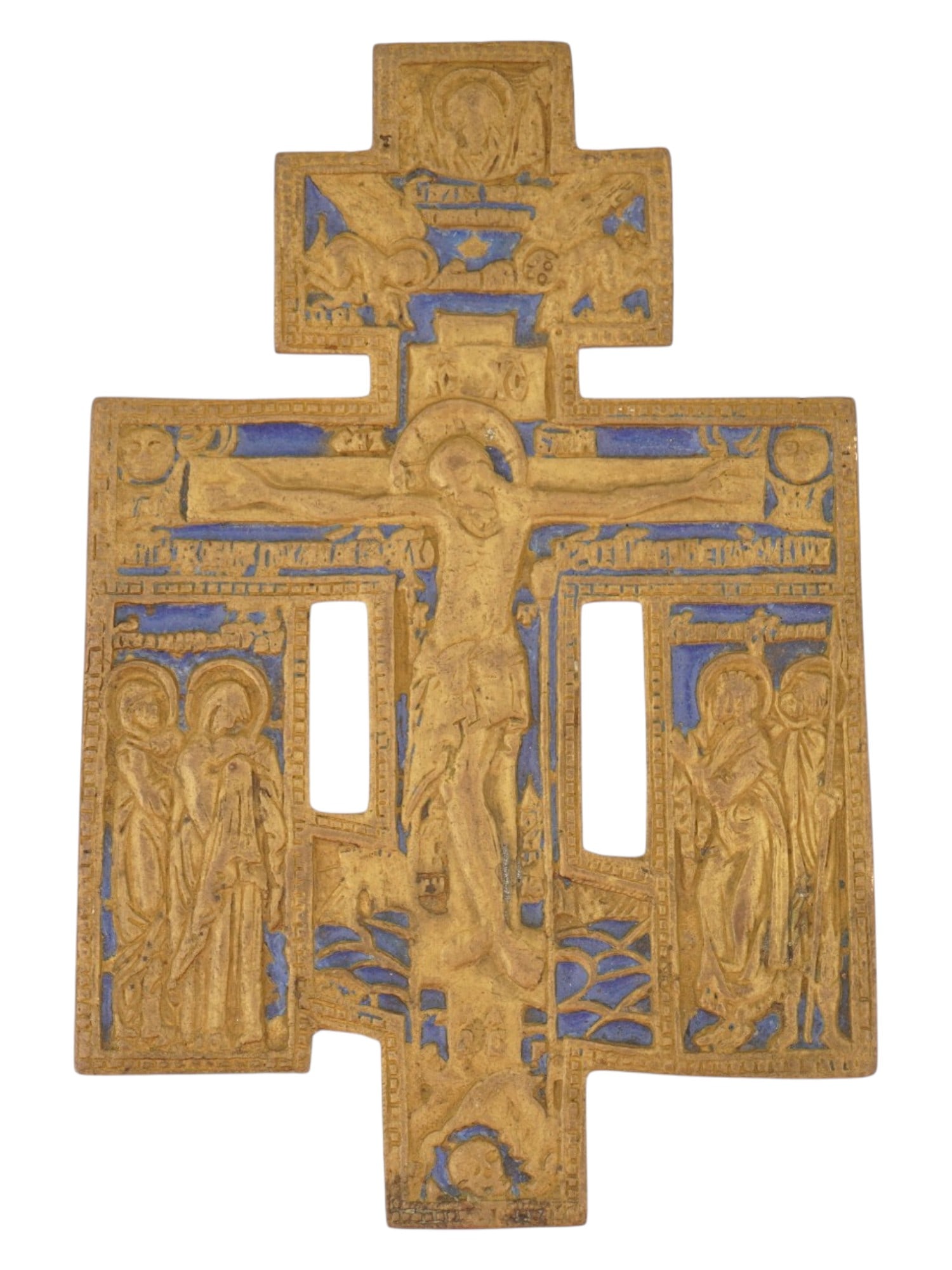 ANTIQUE RUSSIAN ORTHODOX CAST BRONZE BLESSING CROSS: An antique Russian Orthodox cast bronze blessing cross with openwork decoration, dating to the 19th century. The cross depicts the Crucifixion with mourning figures, angels, and traditional Orthodox s