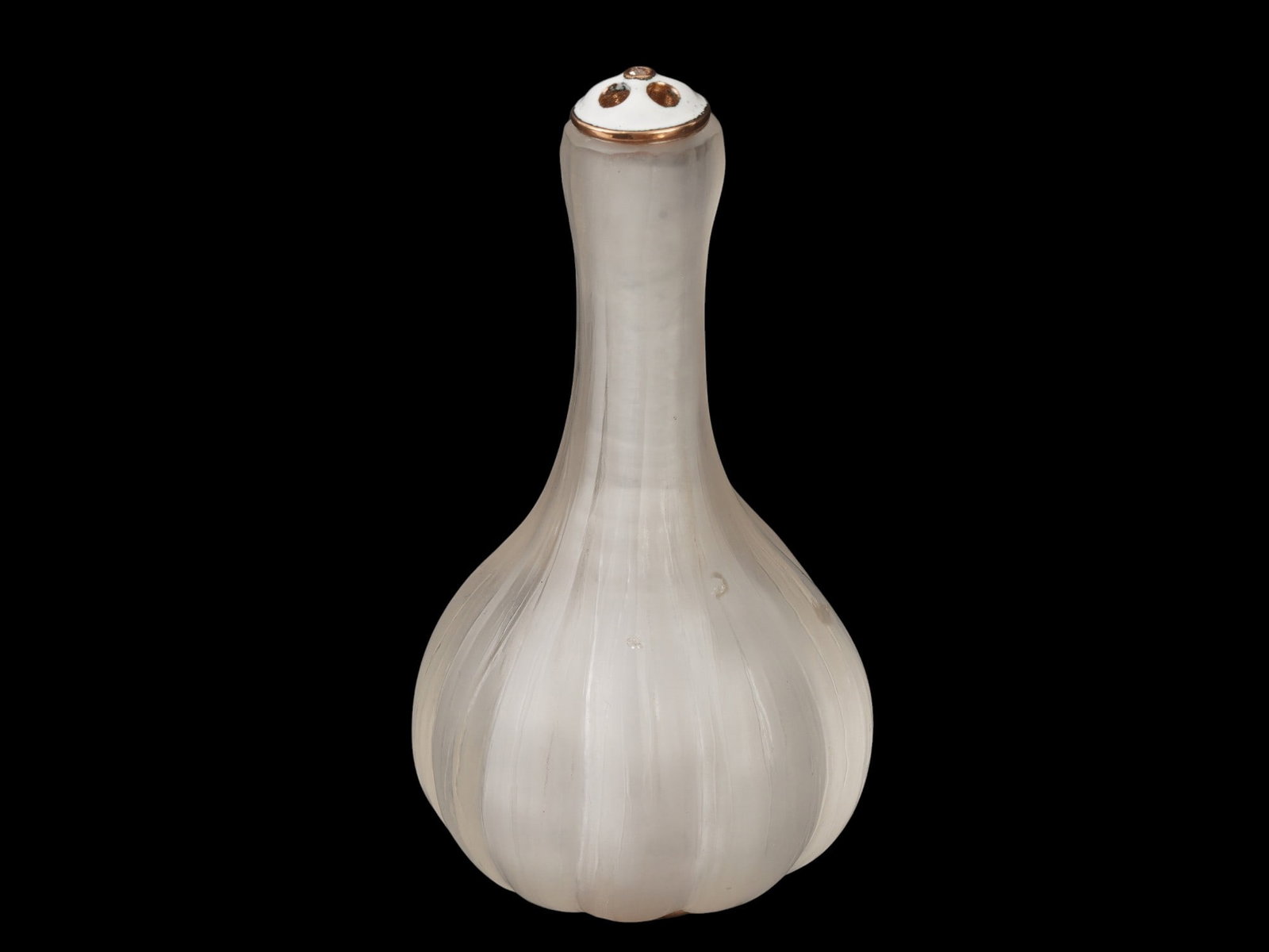 RUSSIAN ROCK CRYSTAL GOLD ENAMEL DIAMOND SALT CELLAR: A Russian rock crystal salt cellar with gold fittings. The piece represents a garlic head. White enamel accent on top and diamond finial. Hallmarked with 56 gold standard and makers mark on the bottom