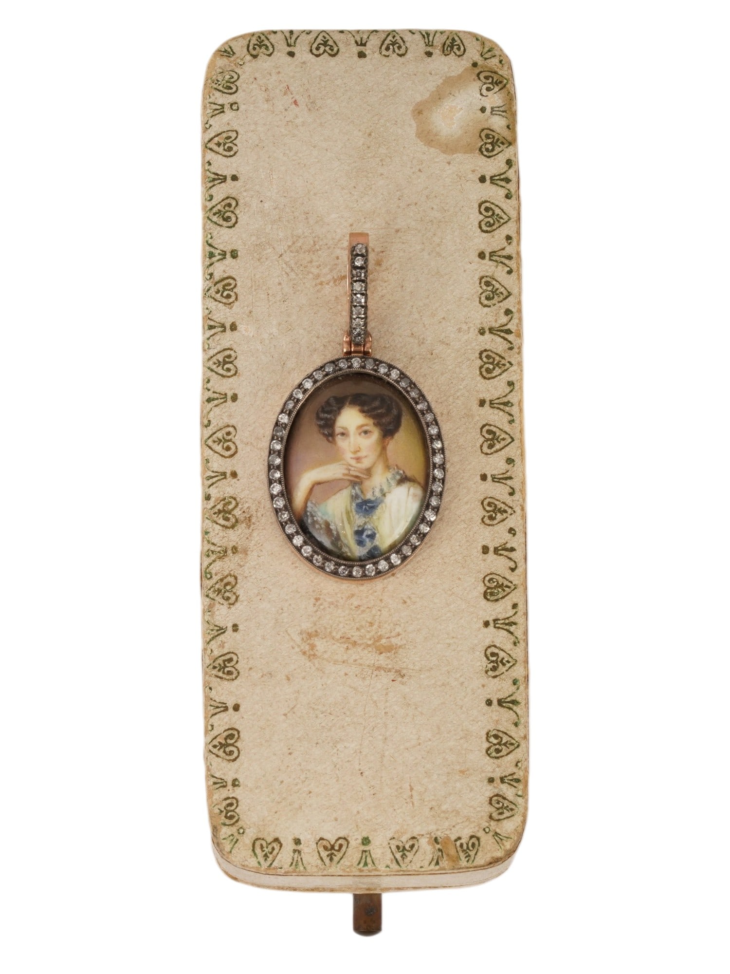 RUSSIAN GOLD SILVER DIAMOND PENDANT W ROYAL PORTRAIT: A Russian gold and silver medallion pendant with a miniature painting on enamel, portrait of the Empress Maria Alexandrovna, wife of Alexander II. The portrait is encompassed with diamonds. Hallmark o