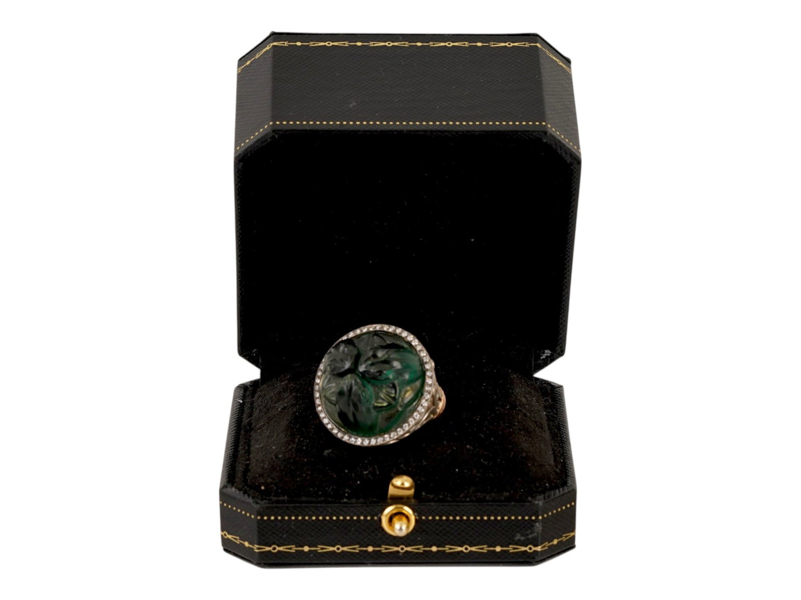 RUSSIAN GOLD SILVER TOURMALINE DIAMOND FROG RING: A Russian gold and silver statement ring. The crown is set with a carved green tourmaline stone depicting three frogs in relief, encompassed with diamonds. Hallmark of 56 gold standard and makers mark