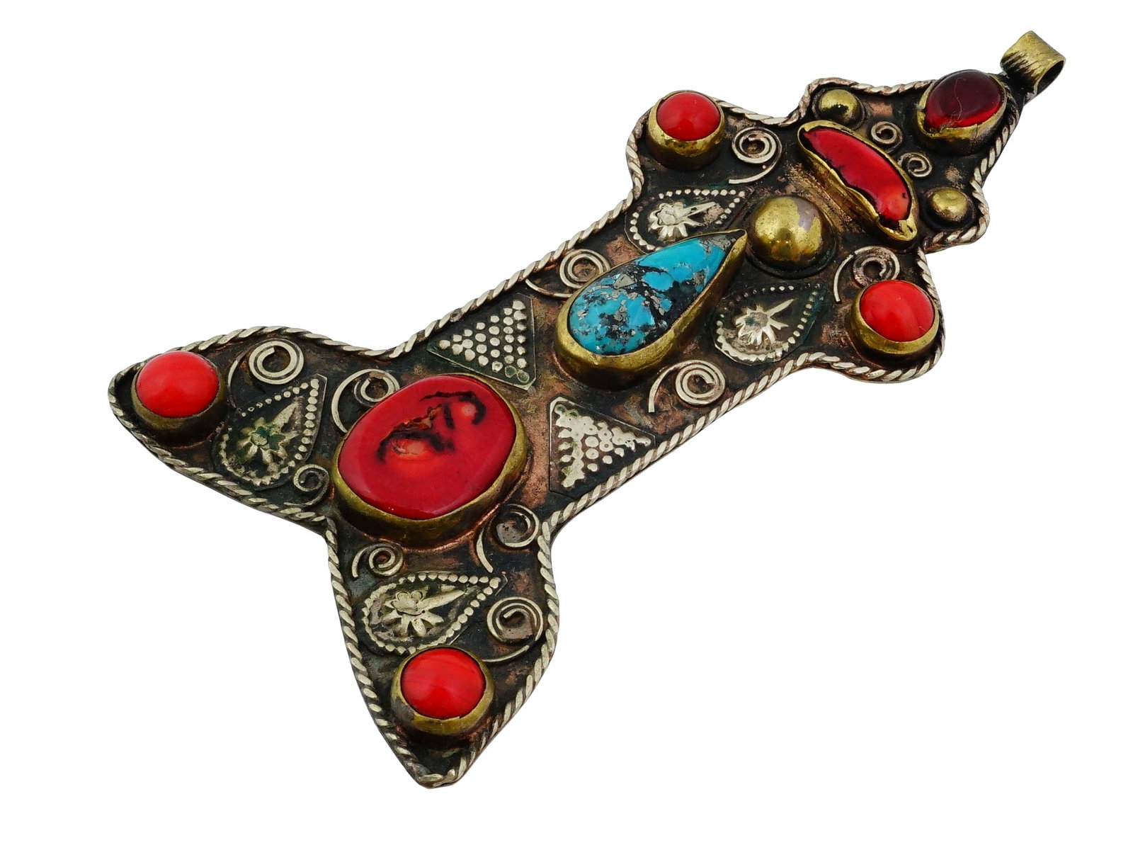 TIBETAN BRASS TURQUOISE RED CORAL AMULET PENDANT: A vintage gau-style brass pendant originating from the Himalayan region, presumably Tibet or Nepal. Ornate filigree piece embellished with turquoise and red coral cabochons. The asymmetrical silhouett