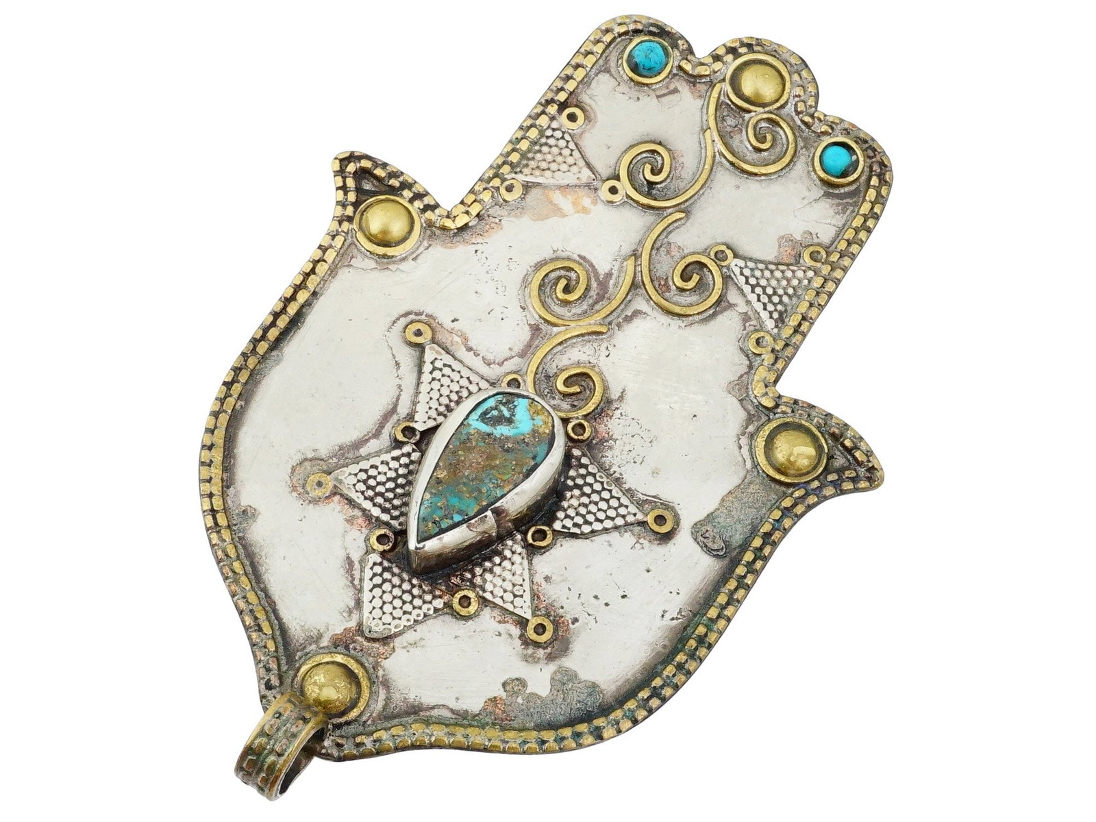 ANTIQUE TURKMEN HAMSA PENDANT WITH BRASS ACCENTS: An antique Turkmen Hamsa pendant with brass accents. The palm-shaped amulet is decorated with a central star, bezel-set stones, and applied scrollwork. Traditional Middle Eastern Jewelry Collectibles.