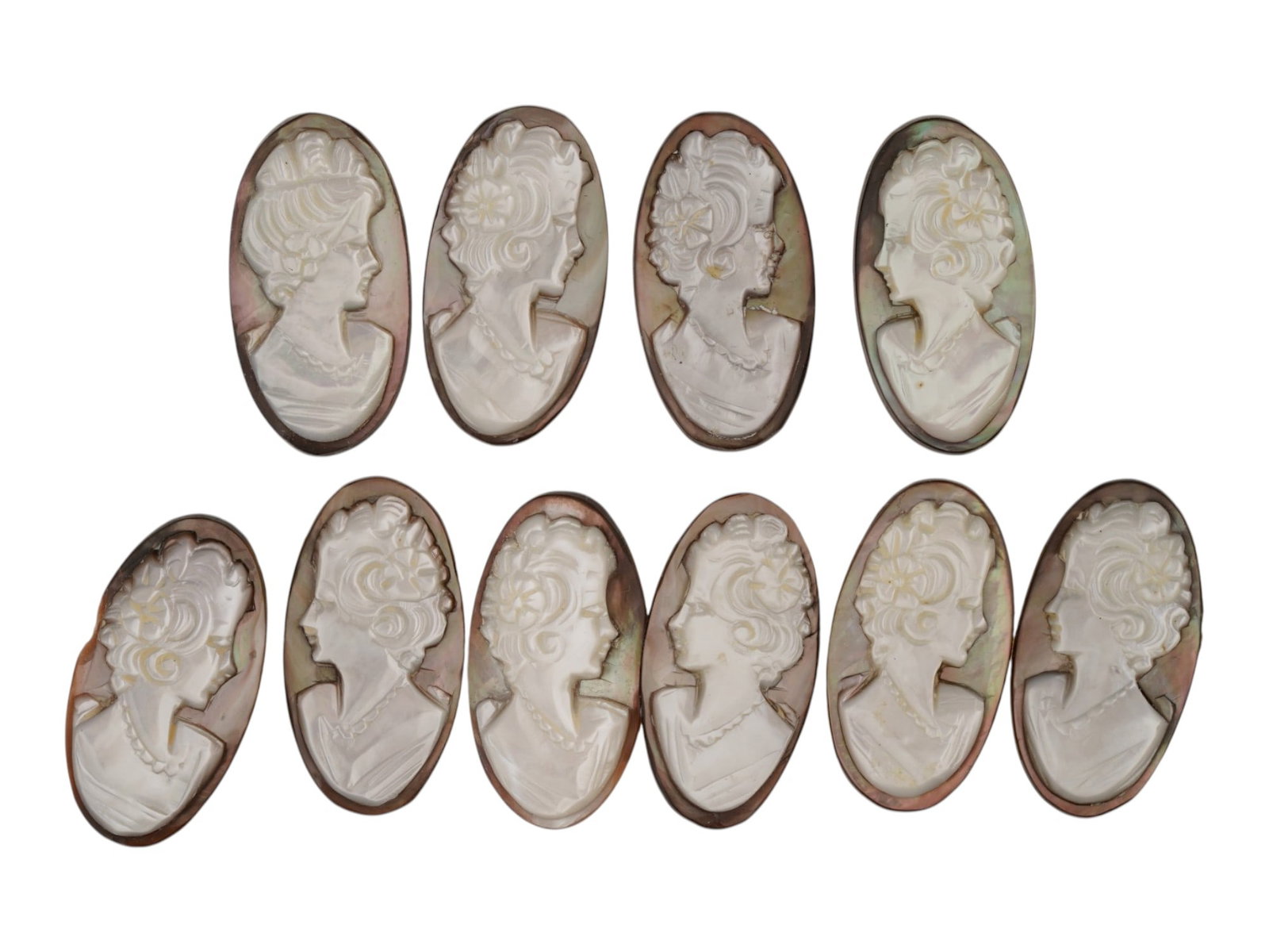 COLLECTION OF FEMALE PORTRAIT CARVED SHELL CAMEOS: A collection of ten hand carved cameo medallions. Each piece is crafted from a conch shell and depicts female portraits in the Victorian manner rendered in high relief. The cameos are presented in an 