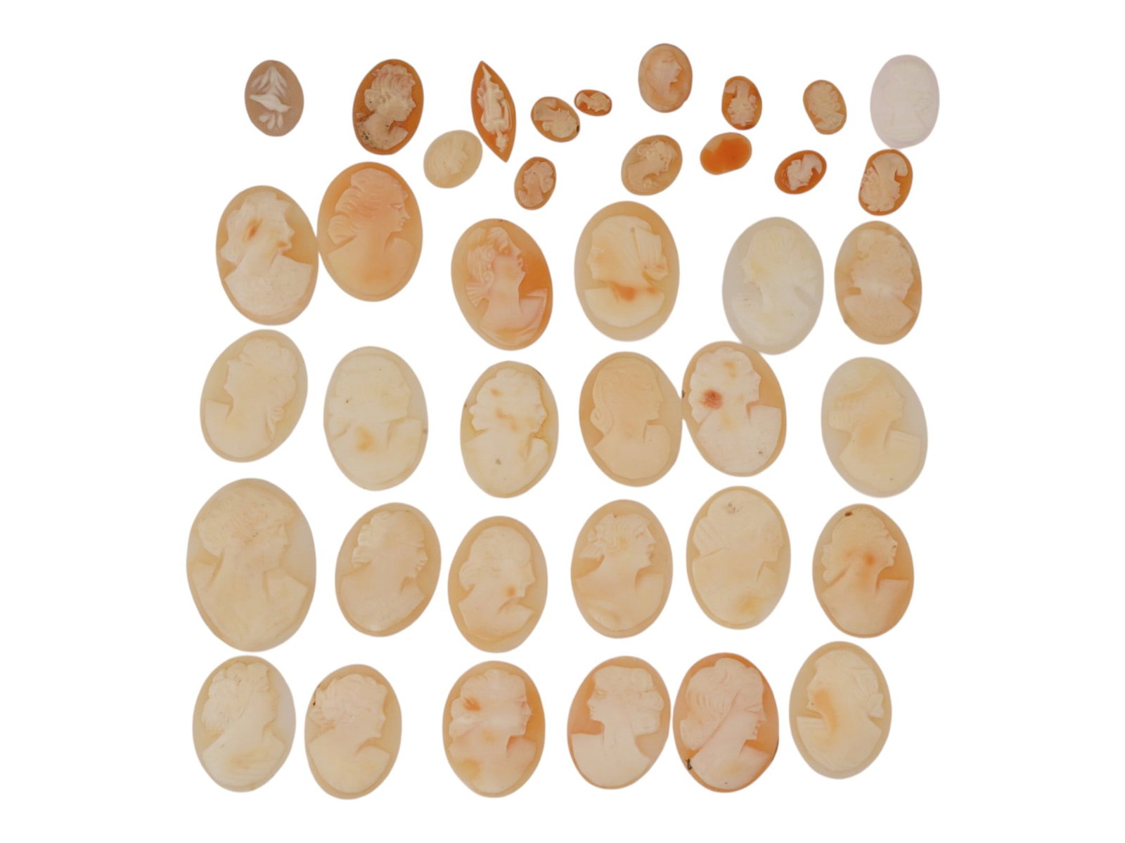 COLLECTION OF FEMALE PORTRAIT CARVED CORAL CAMEOS: A collection of hand carved pink coral cameos. A total of 39 items. Each piece depicts a female profile portrait rendered in high relief, one cameo represents a bird. Oval and marquise shape. Collecti