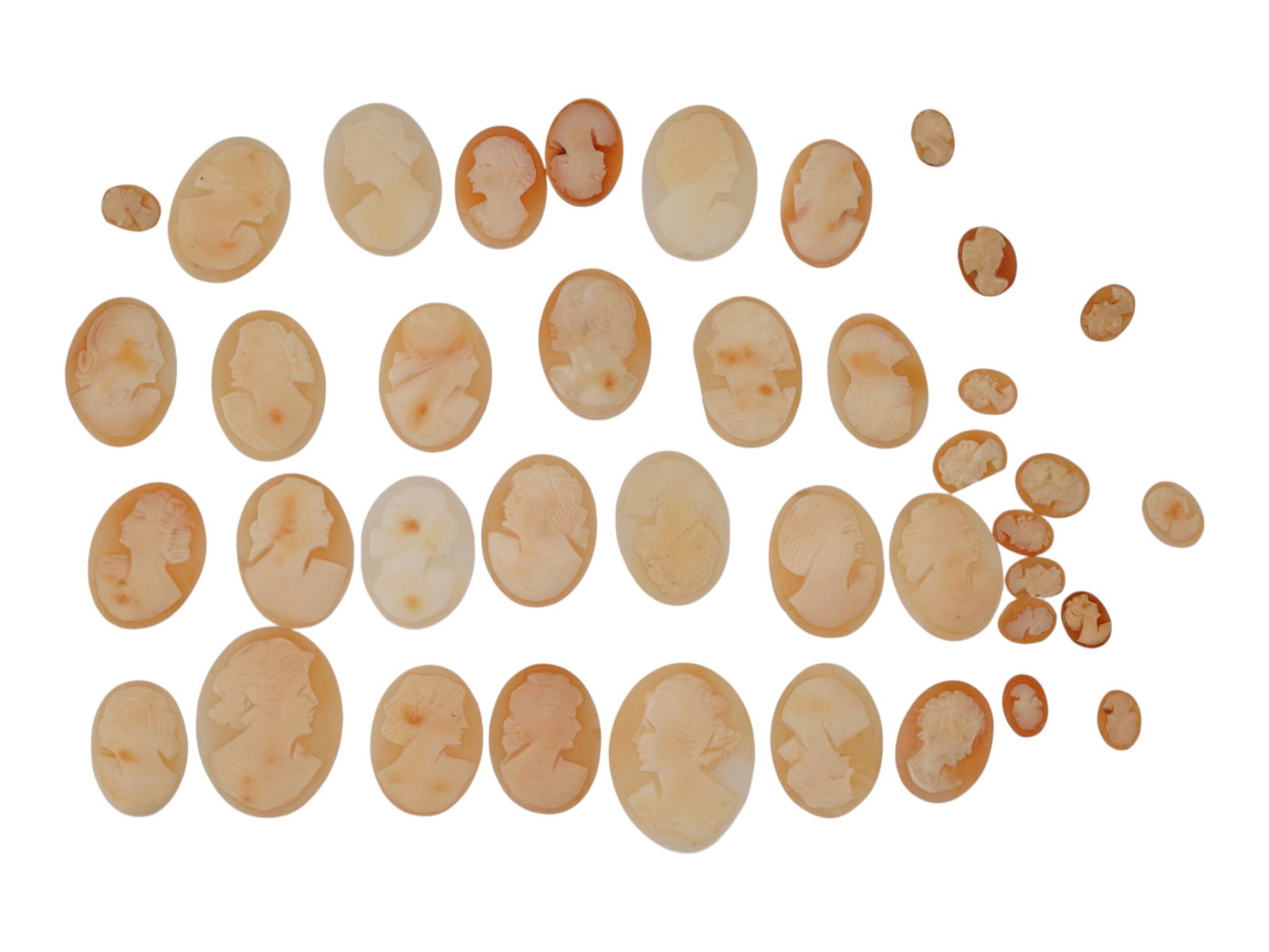 COLLECTION OF FEMALE PORTRAIT CARVED CORAL CAMEOS: A collection of hand carved pink coral cameos. A total of 40 items. Each piece depicts a female profile portrait rendered in high relief. Oval shape. Collectible Jewelry And Glyptic Art, Sculpture. TH