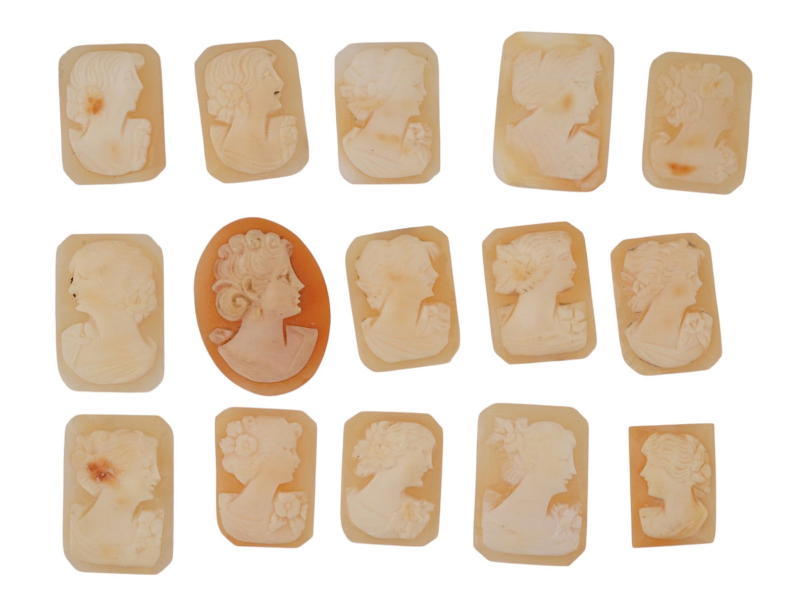 COLLECTION OF FEMALE PORTRAIT CARVED CORAL CAMEOS: A collection of hand carved pink coral cameos. A total of 15 items. Each piece depicts a female profile portrait rendered in high relief. Oval and octagon shape. Collectible Jewelry And Glyptic Art, S