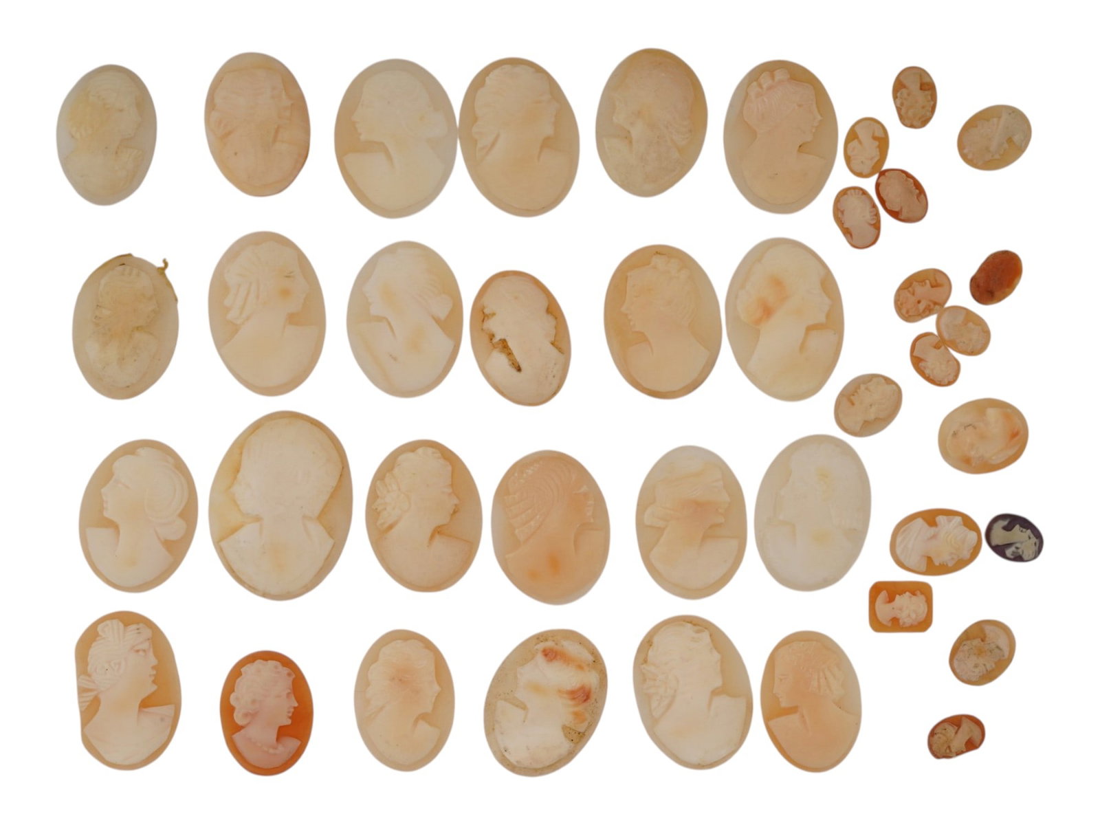 COLLECTION OF CARVED FEMALE PORTRAIT SHELL CAMEOS: A collection of hand carved pink shell cameos. A total of 40 items. Each piece depicts a female profile portrait rendered in high relief. Oval shape. Collectible Jewelry And Glyptic Art, Sculpture. TH