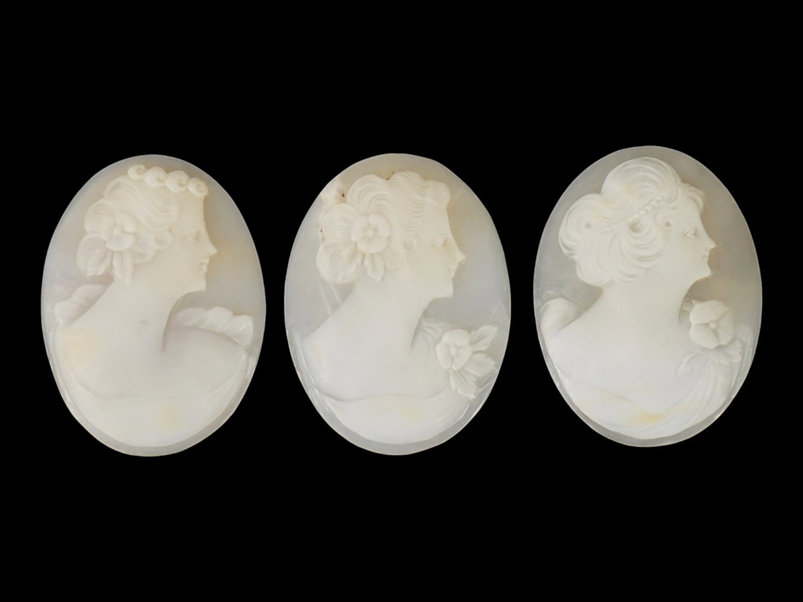 COLLECTION OF CARVED FEMALE PORTRAIT SHELL CAMEOS: A lot of three hand carved white shell cameos. Each piece depicts a female profile portrait rendered in high relief. The pieces are oval in shape, the same size with slight differences in the portrait