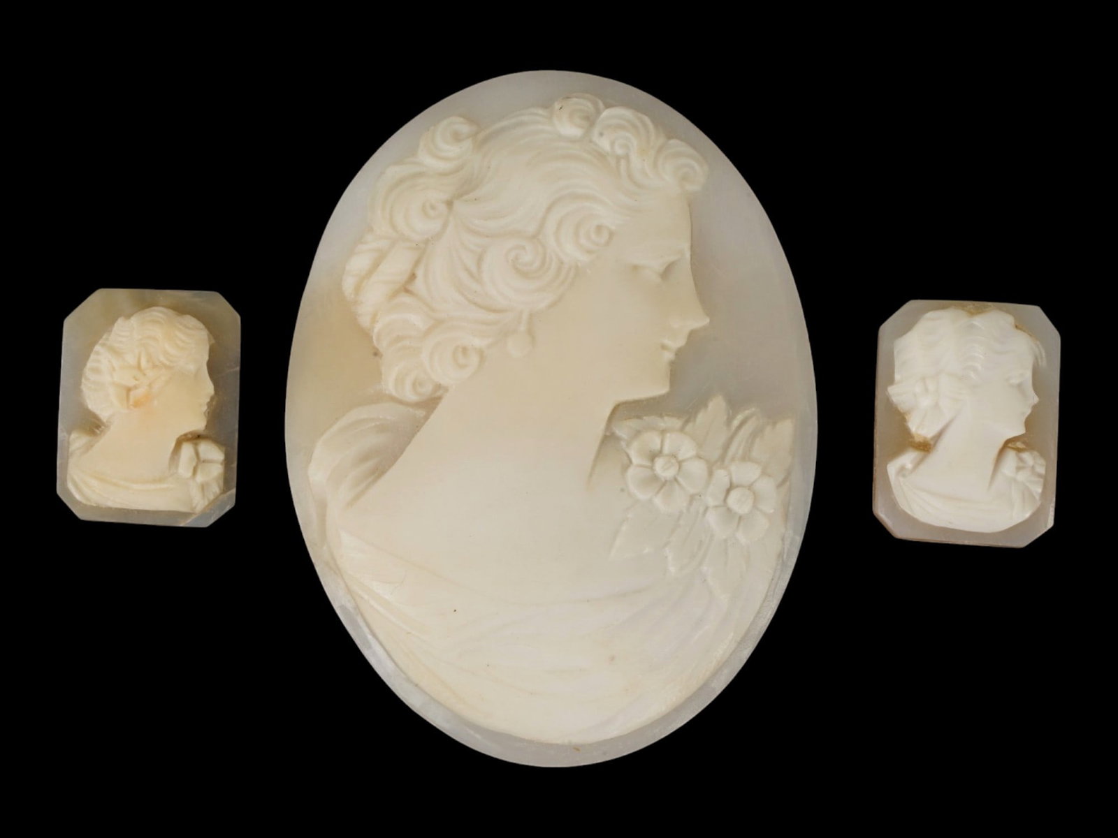 GROUP OF THREE VINTAGE WHITE SHELL CAMEO CARVINGS (1 of 4)