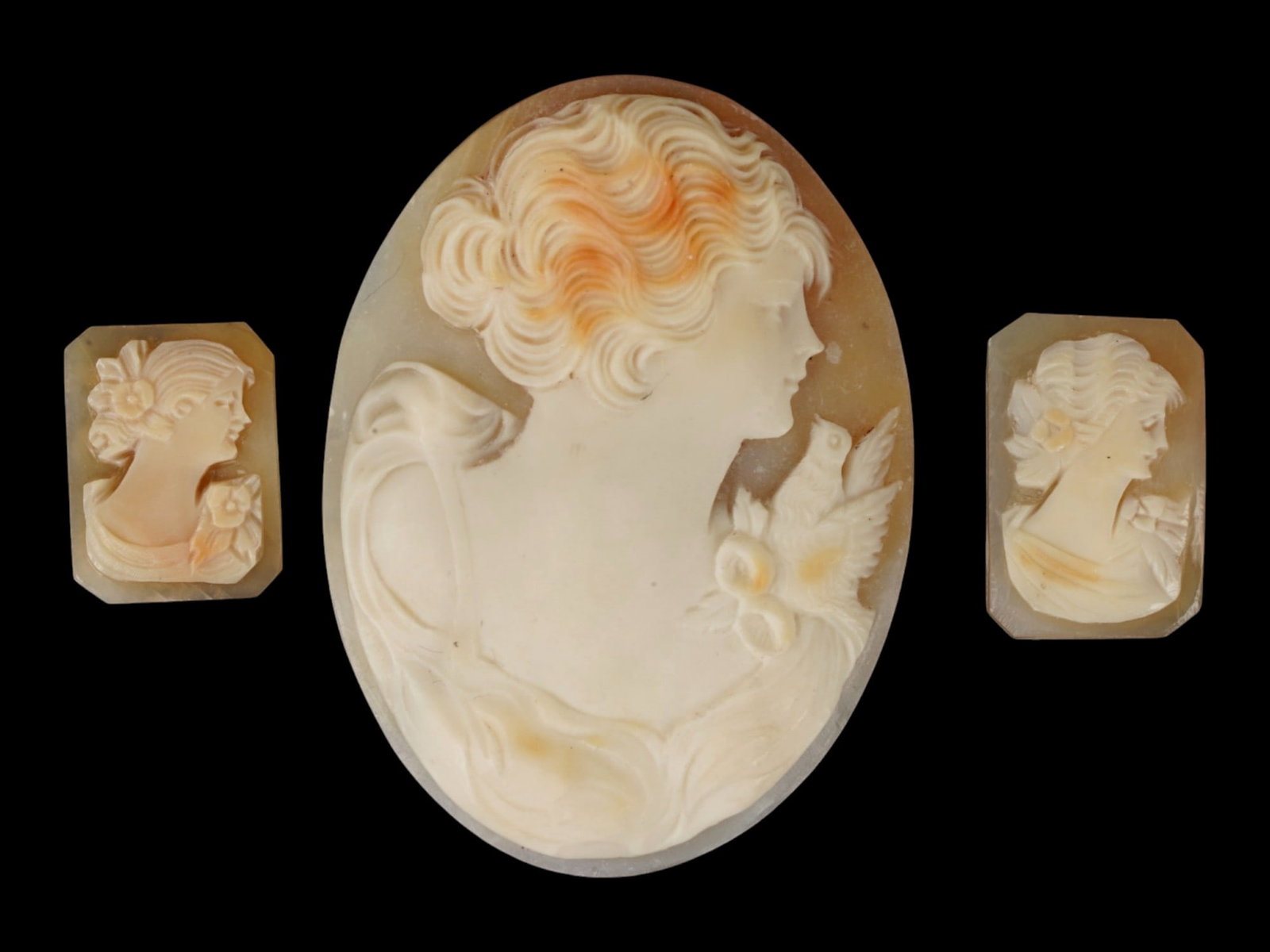GROUP OF THREE VINTAGE CARNELIAN SHELL CAMEO CARVINGS (1 of 4)