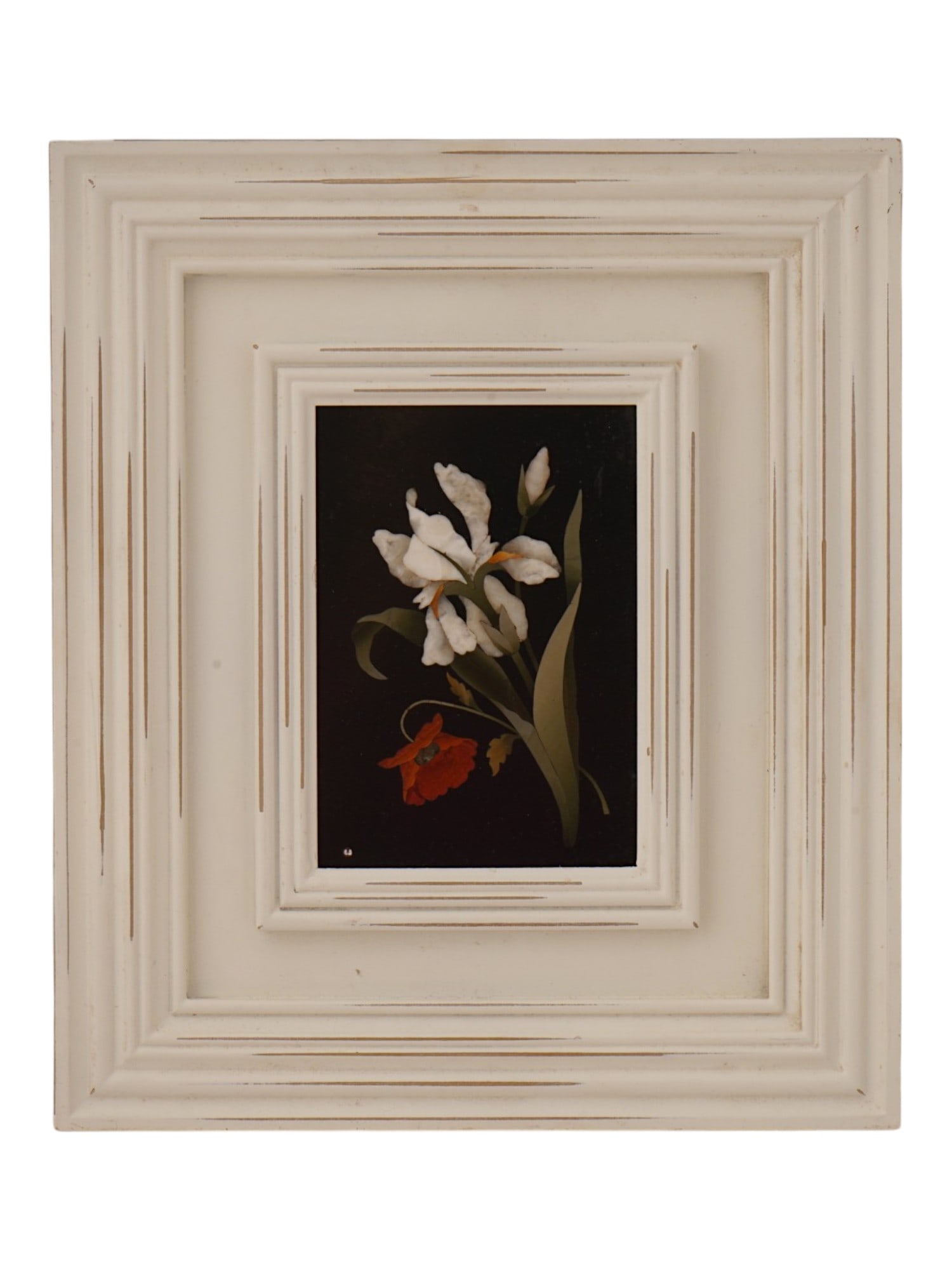 VINTAGE ITALIAN PIETRA DURA MOSAIC PLAQUE STILL LIFE: A mid-20th century Italian mosaic plaque executed in pietra dura technique, an inlay of cut and fitted, highly polished colored stones. Rectangular artwork displaying a white iris flower and a poppy. 