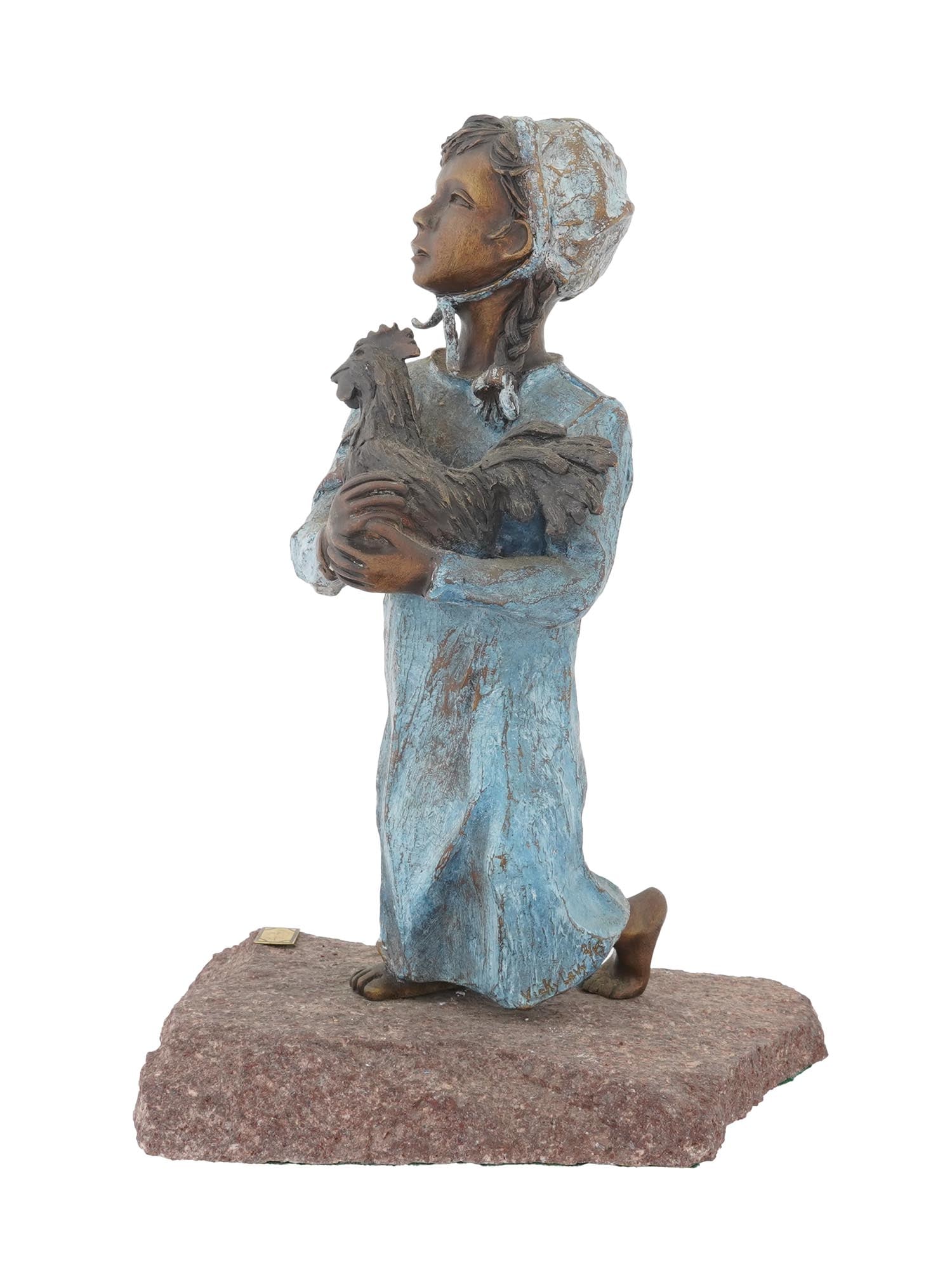 MODERN BRONZE SCULPTURE SIGNED VICKY LEVY: A modern bronze sculpture depicting a girl with a cockerel, signed Vicky Levy on a label mounted to the stone base. Contemporary Sculptures And Art Collectibles. THIS LOT IS ELIGIBLE FOR A 30-DAY UNCO