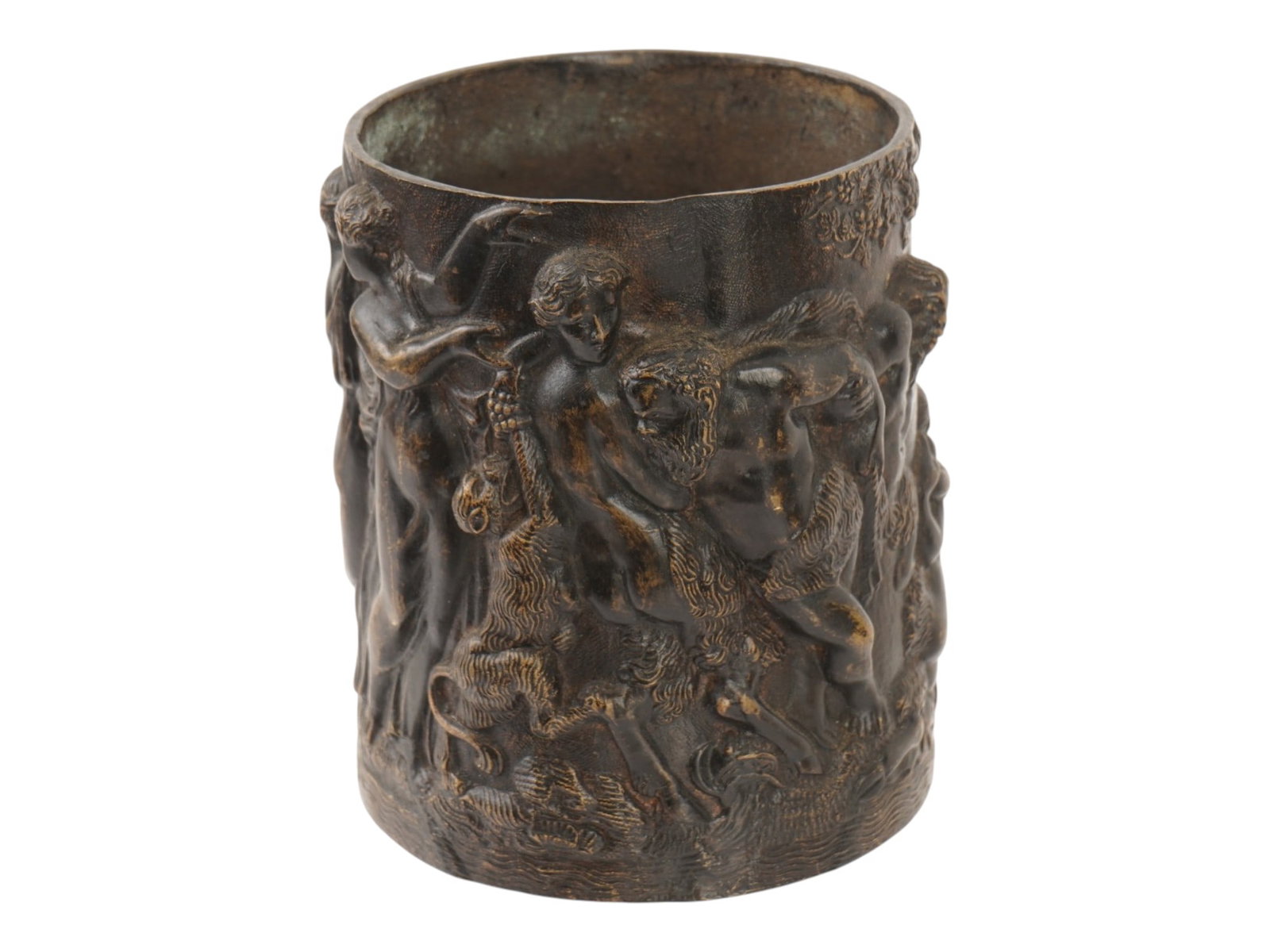 ANTIQUE NEOCLASSICAL BRONZE BAS RELIEF VESSEL: An antique 19th-century Continental patinated bronze bas relief vessel. Cylinder piece depicting a continuous procession of mythological figures inspired by Classical Greek and Roman antiquity. The su