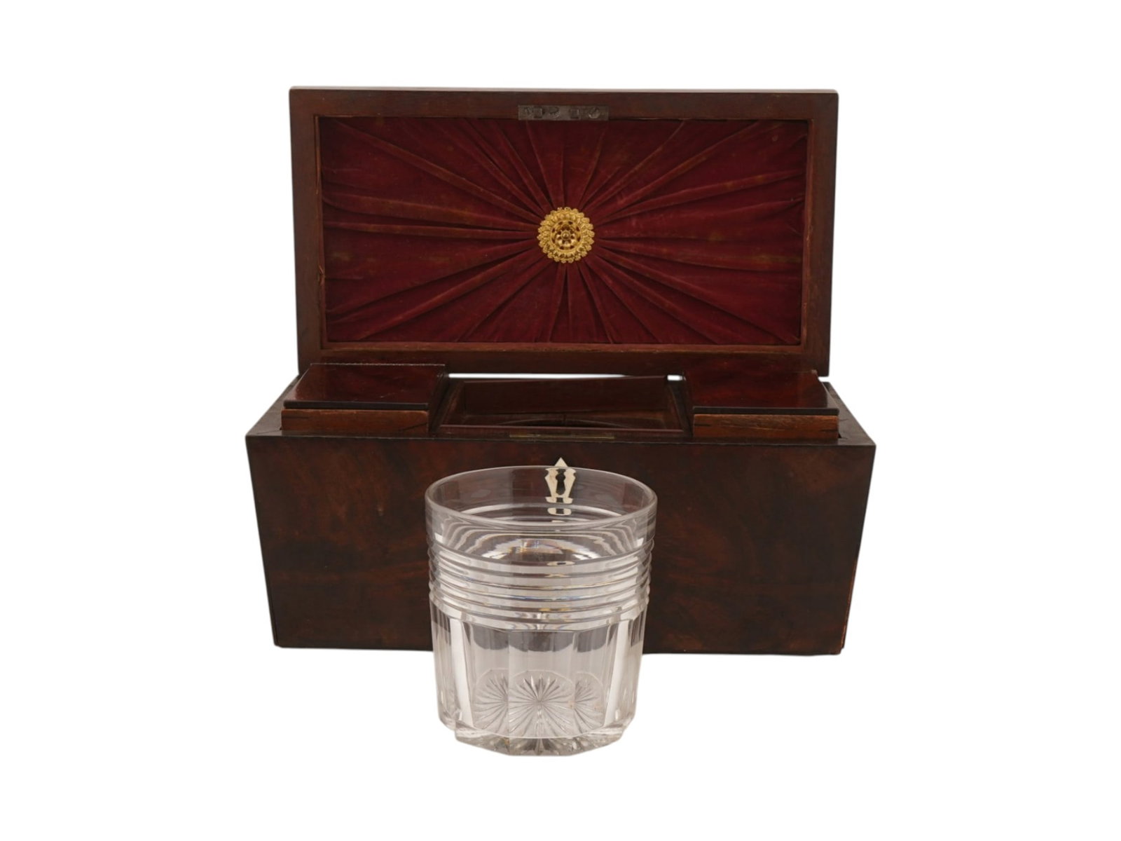 ANTIQUE VICTORIAN TEA CADDY WITH CUT GLASS MIXING BOWL: This nineteenth-century tea caddy is crafted from highly figured wood with a distinct flame grain and features a classic rectangular form with a stepped lid. The interior is fitted with two removable 